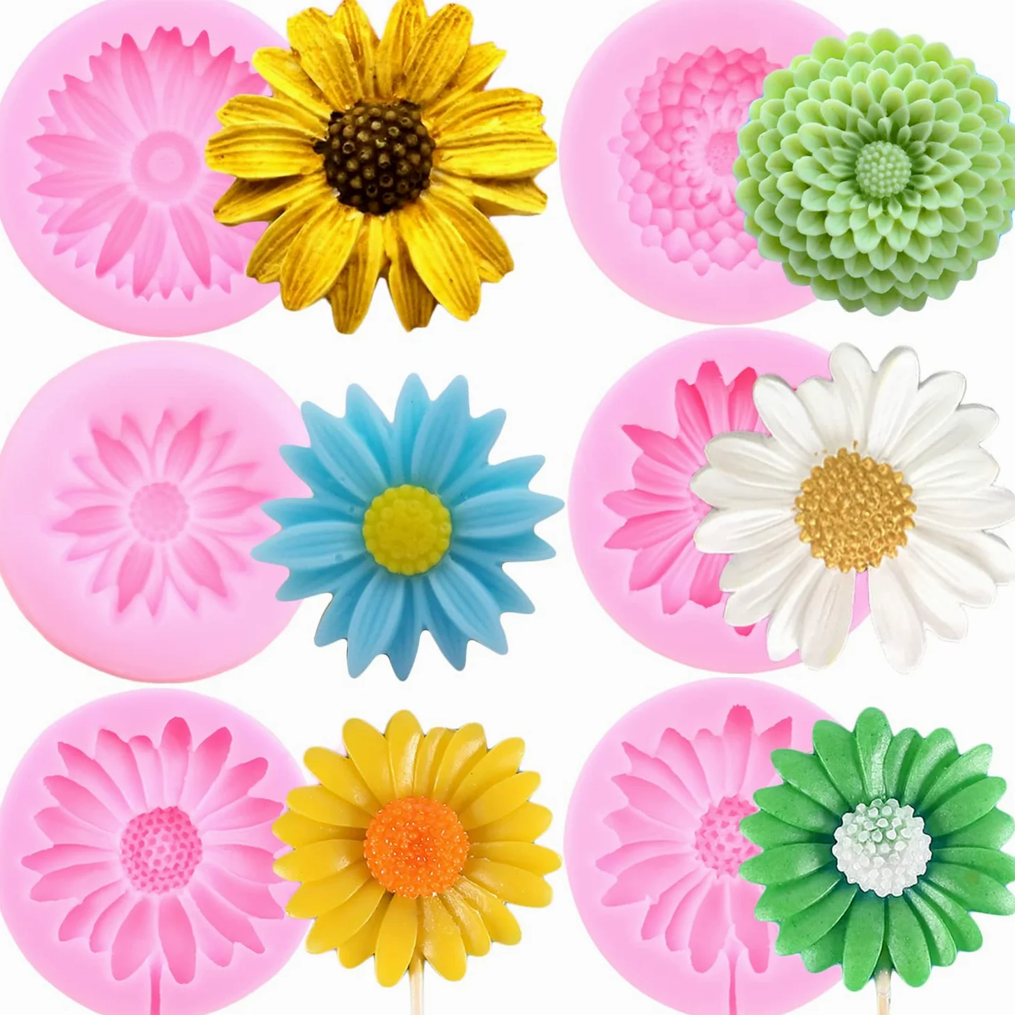 Mujiang Moldes de silicona con diseño de flores de crisantemo, margaritas, fondant, girasol, para decoración de pasteles, decoración de cupcakes, caramelos, arcilla polimérica, chocolate, pasta de