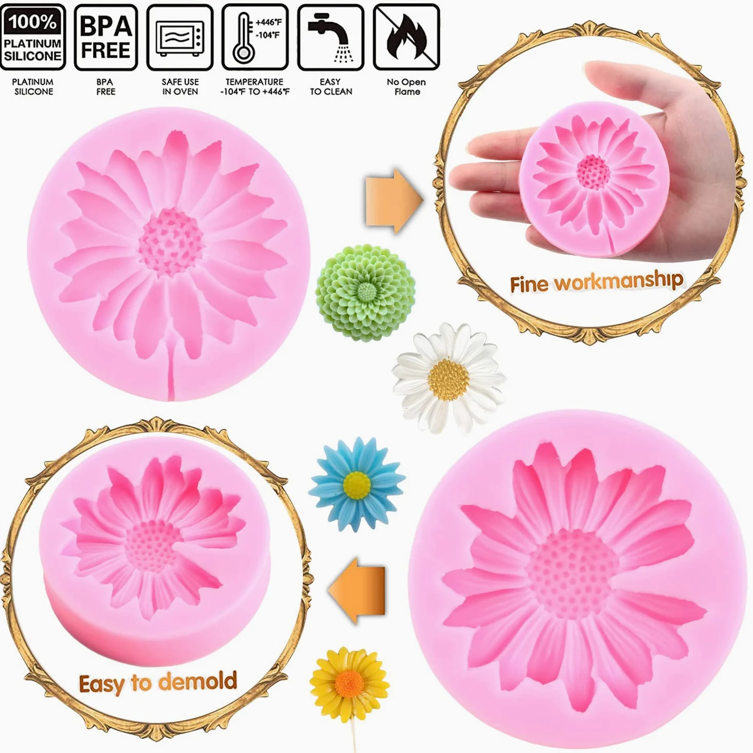 Mujiang Moldes de silicona con diseño de flores de crisantemo, margaritas, fondant, girasol, para decoración de pasteles, decoración de cupcakes, caramelos, arcilla polimérica, chocolate, pasta de