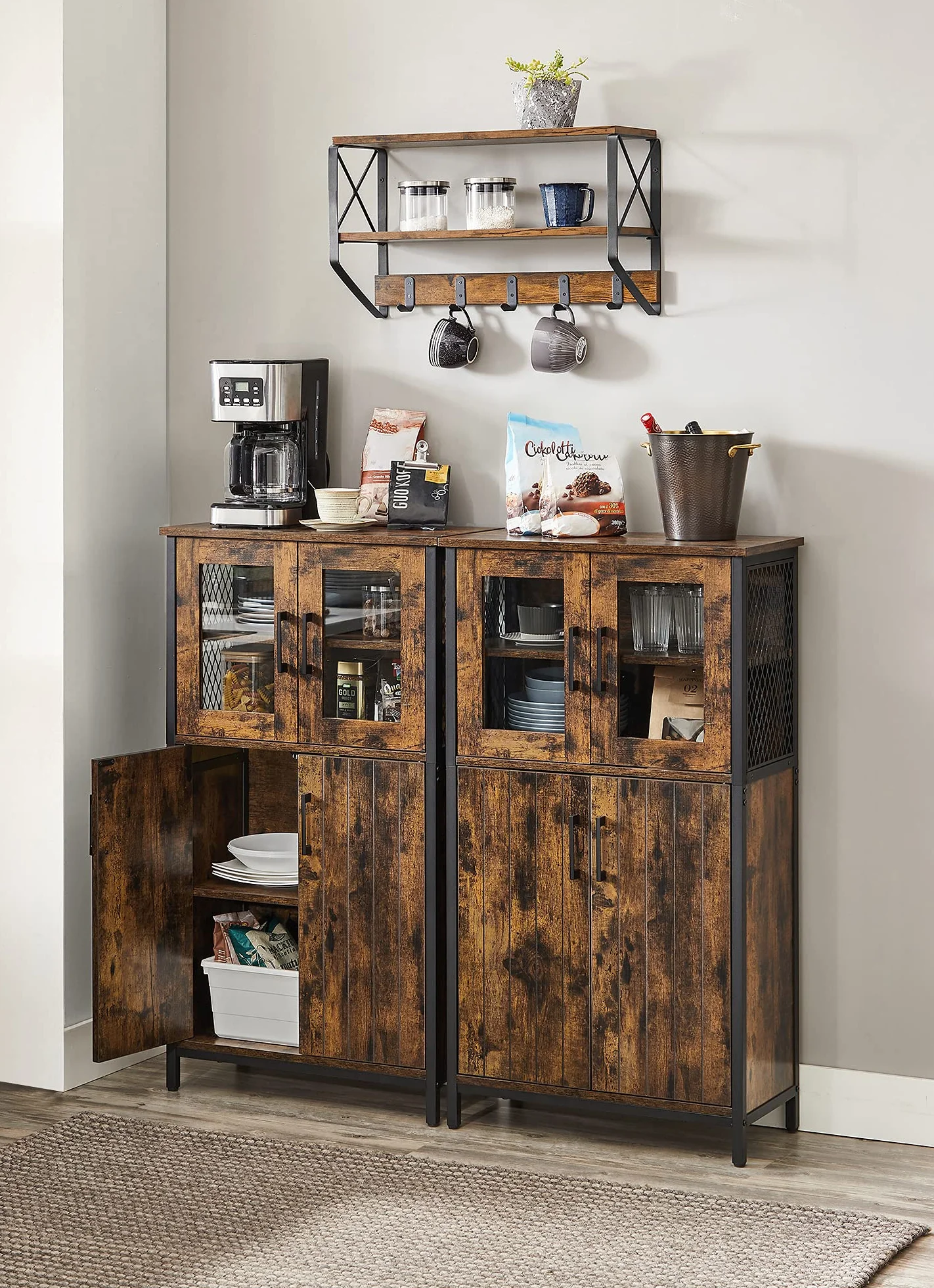 VASAGLE Armario Almacenaje, Armario Aparador, Estante Ajustable, Armario de Baño, Estructura de Acero, para Salón Cocina, Estilo Industrial, Marrón Rústico y Negro LSC260B01