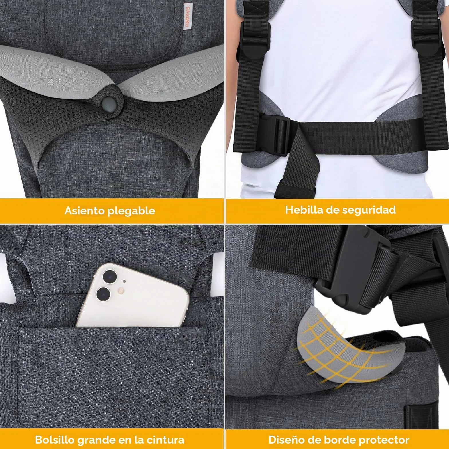 GAGAKU Mochila Portabebés 4 en 1 Ergonómica 0-36 meses Negro Gris Oscuro