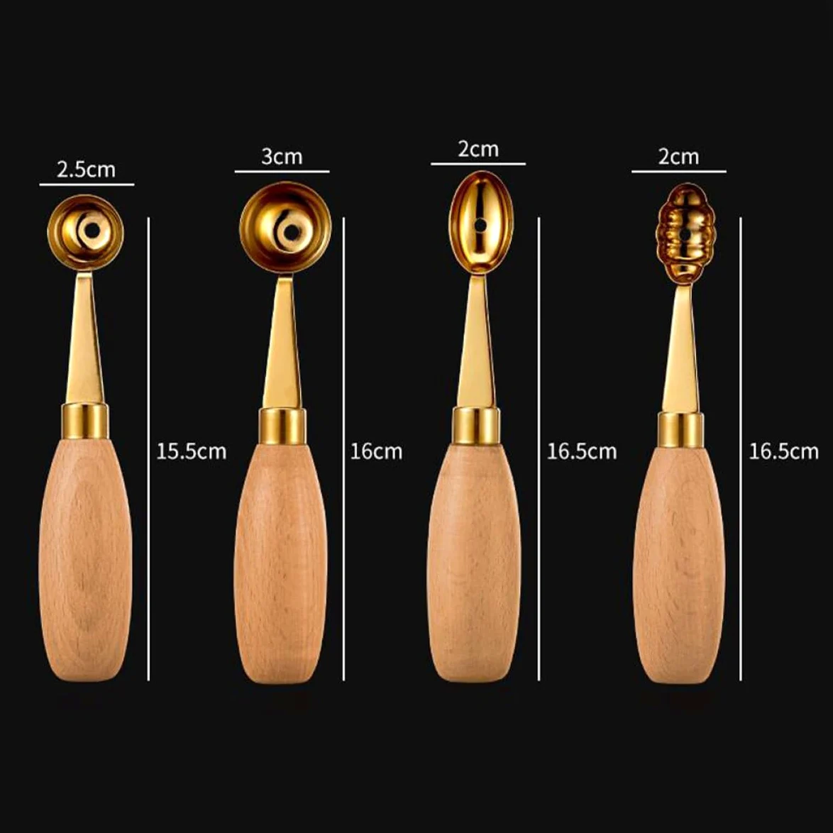 Hacer Bolas de Melón Juego de 4 Cucharas Redondas Fáciles de Usar de Acero Inoxidable y Madera Ideales para Postres Decorativos en Casa