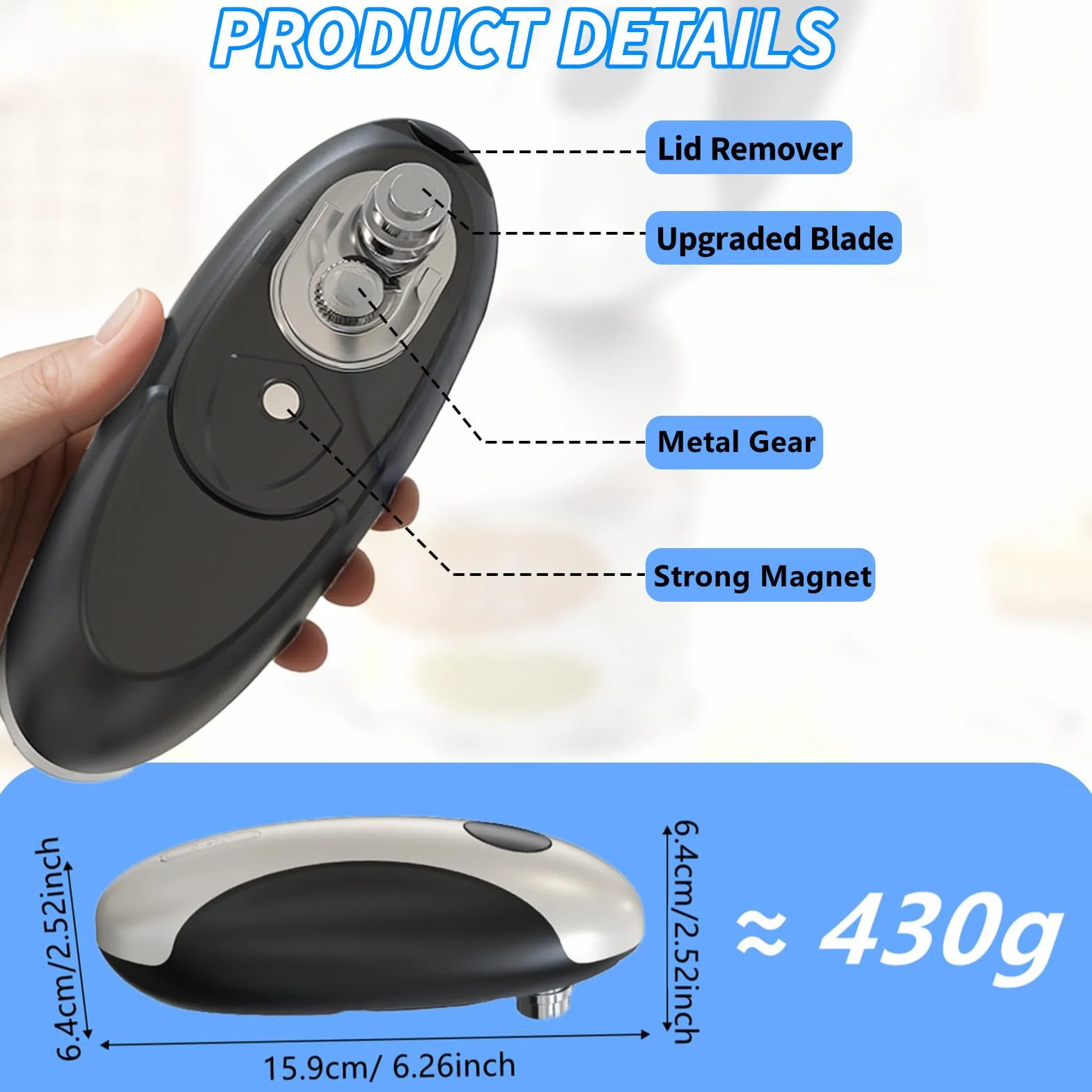 Abrelatas eléctrico, abridor de tarros eléctrico recargable por USB, dispositivo de cocina, funcionamiento automático de un solo toque, abrelatas a pilas con borde liso para personas mayores