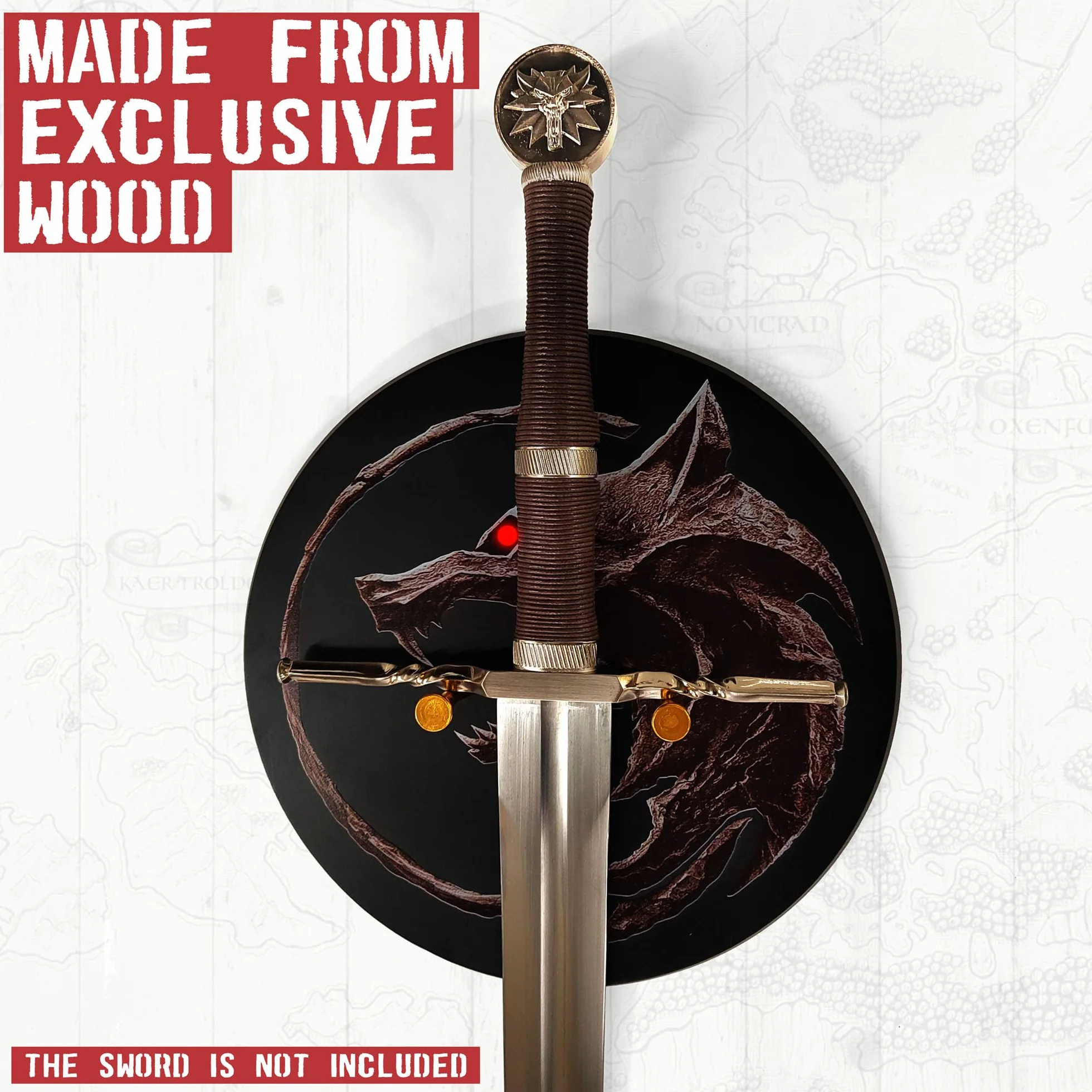 Witcher Geralt von Riva Expositor de pared redondo de madera para espada de plata y acero, soporte decorativo para coleccionistas