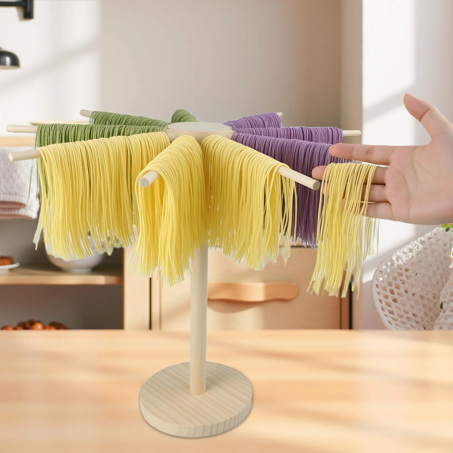 Estante de Secado de Pasta Plegable Plegable - Base de Madera con 9 Brazos Desmontables, Reutilizable, estirador de Pasta para Casa, Cocina