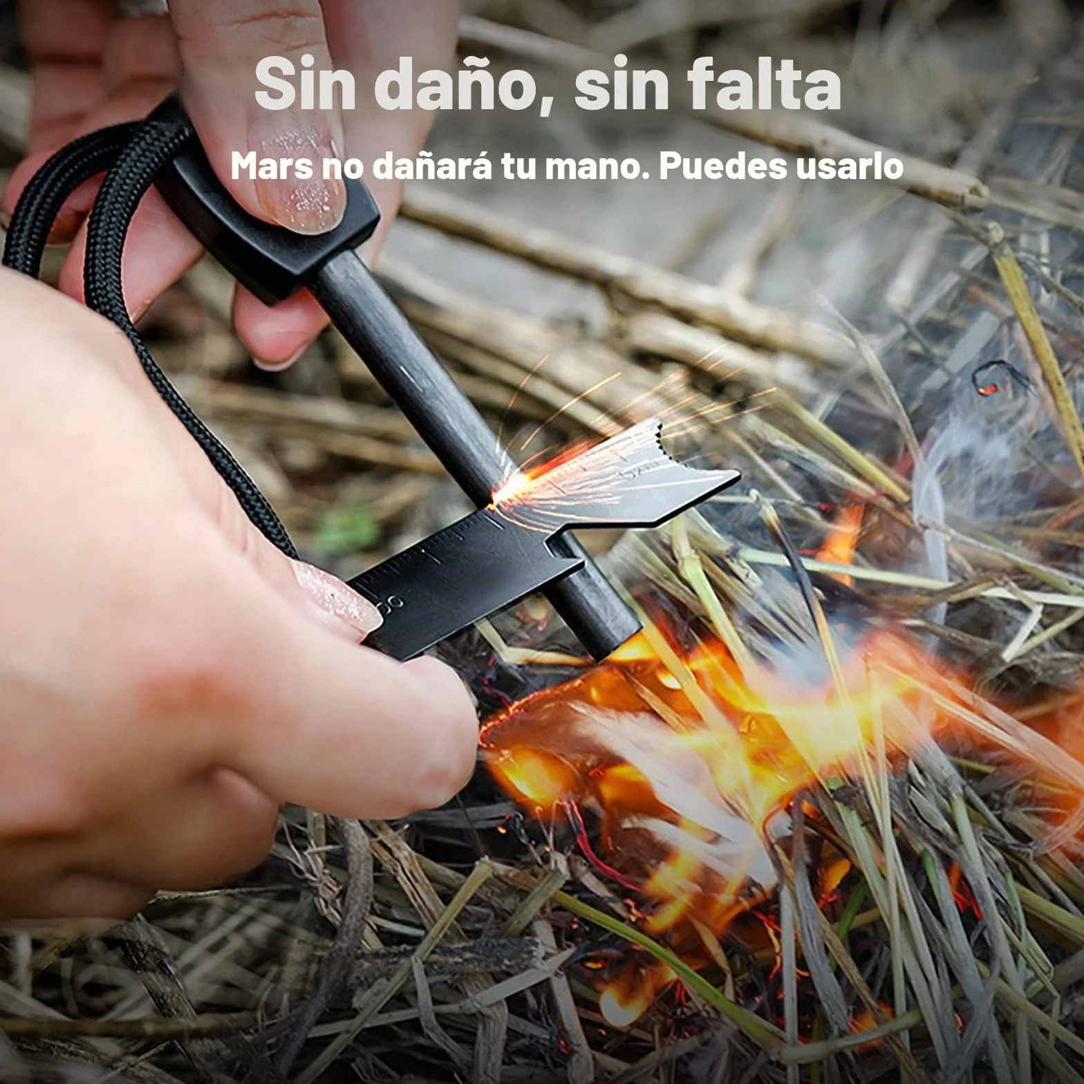 Pedernal Supervivencia Magnesio Mechero Kit 7 en 1 Encendedor con Mango de Madera 5/16" 10,000 Chispas para Acampada