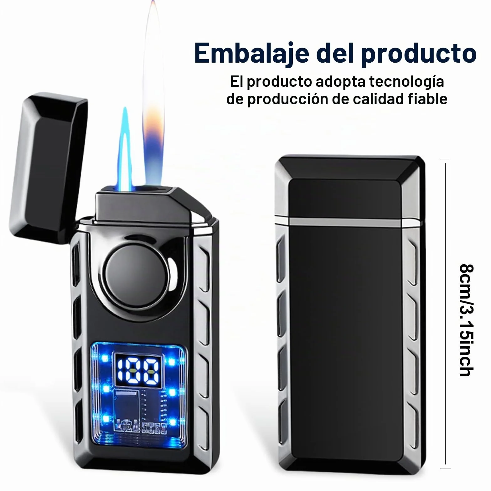 Encendedor de doble llama inteligente de metal con cámara de aire visible resistente al viento negro