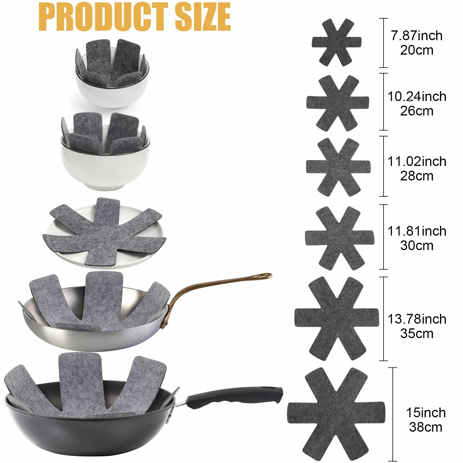Honeydak 80 protectores para ollas y sartenes, 6 tamaños diferentes, almohadillas divisoras de ollas, protectores de utensilios de cocina para apilar, proteger ollas y sartenes, color gris