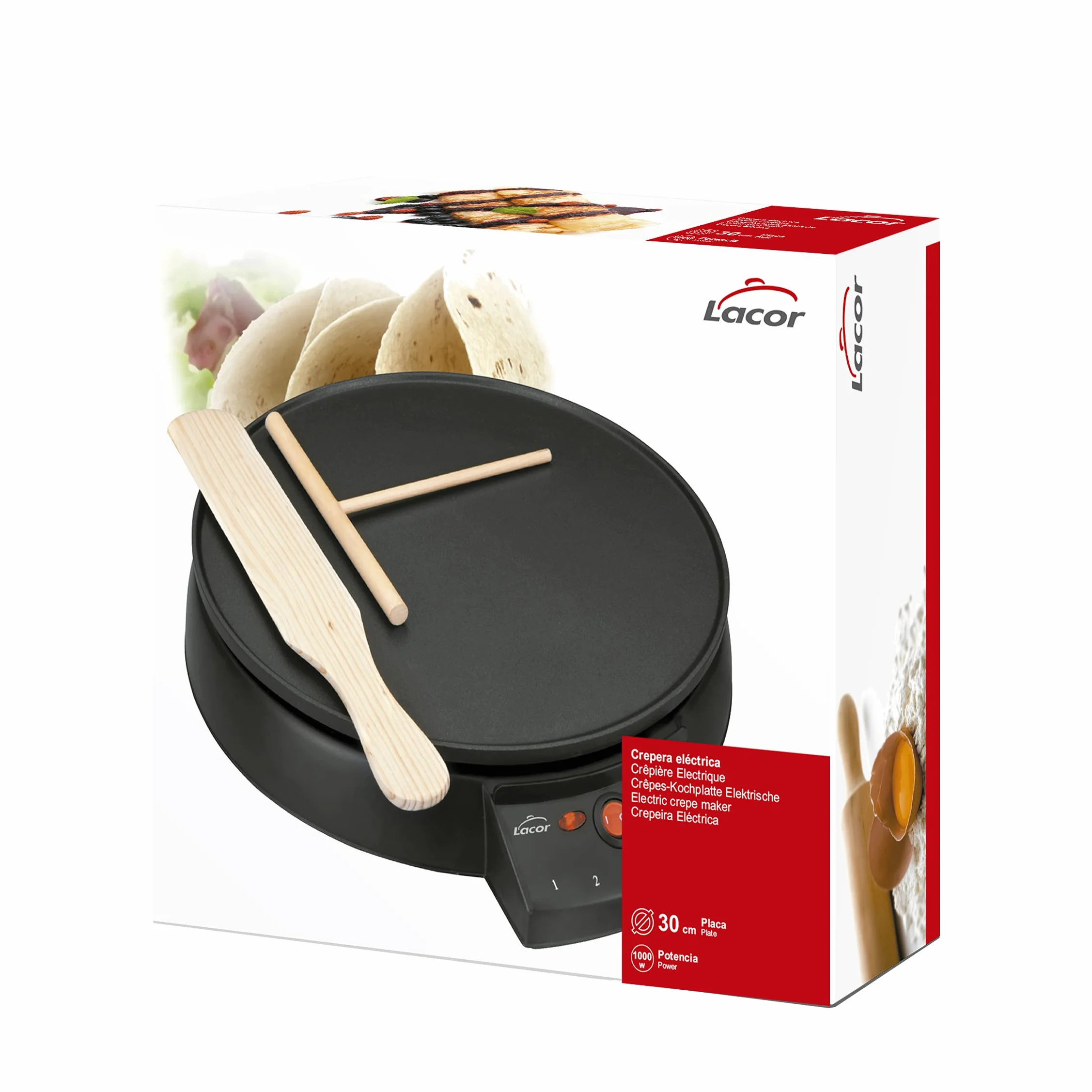 LACOR - 69122 - Crepera Eléctrica Black, Placa para hacer Creps, Base de Aluminio Antiadherente, Espátula y Rastrillo Incluído, Temperatura máx 200ºC, 1000 W, Libre de BPA, Negro