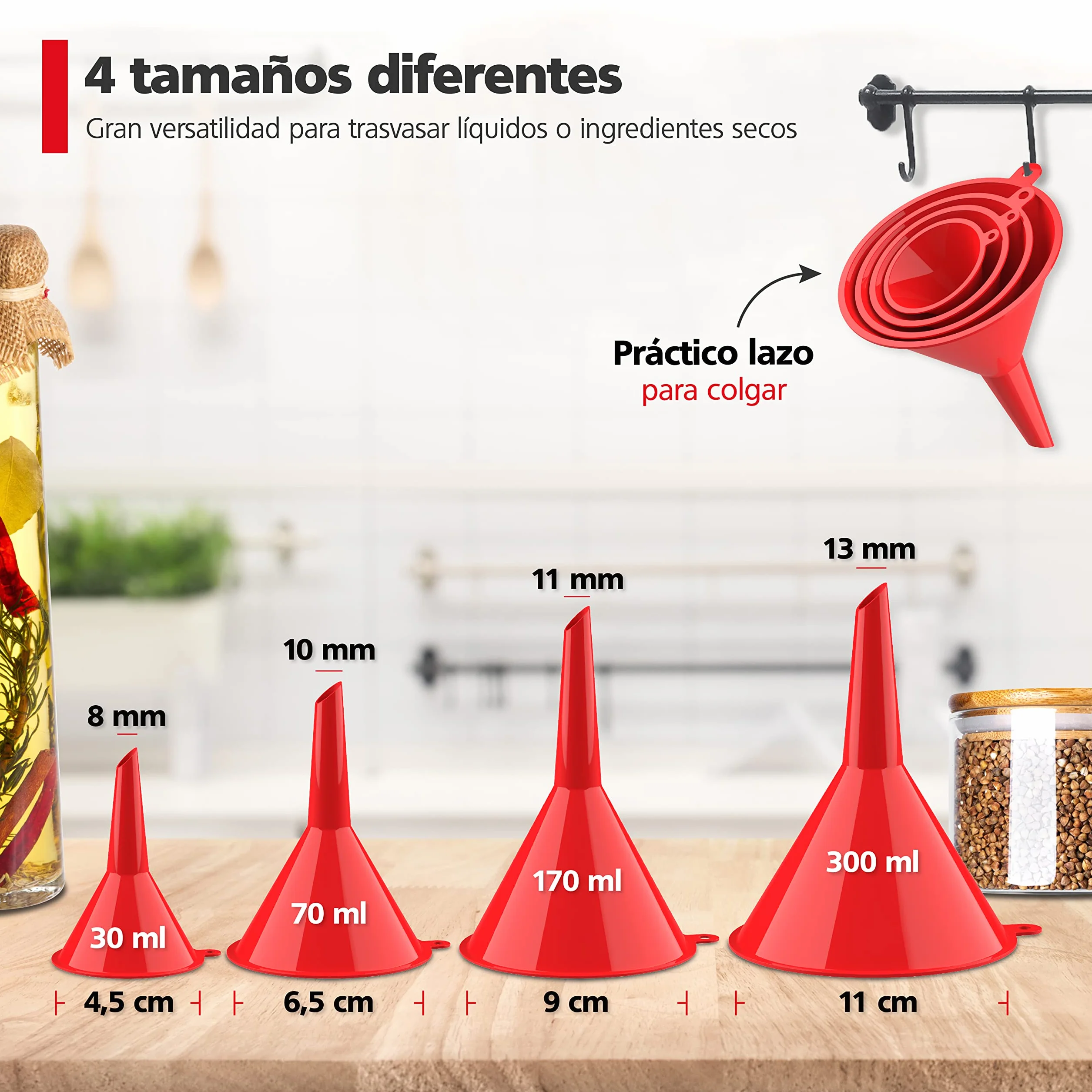 Nirox Juego de 4 embudos universales - Apto para alimentos BPA-FREE - Ayuda de llenado para la cocina - Mini embudo de llenado para líquidos e ingredientes secos - Embudo de aceite para coche