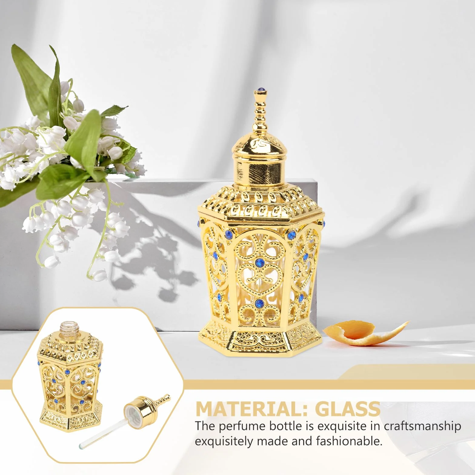 jojofuny Botella de Perfume de Vidrio y Aleación Dorada de 10ml, Portátil y Delicada, Adecuado para Decoraciones en Sala y Viajes