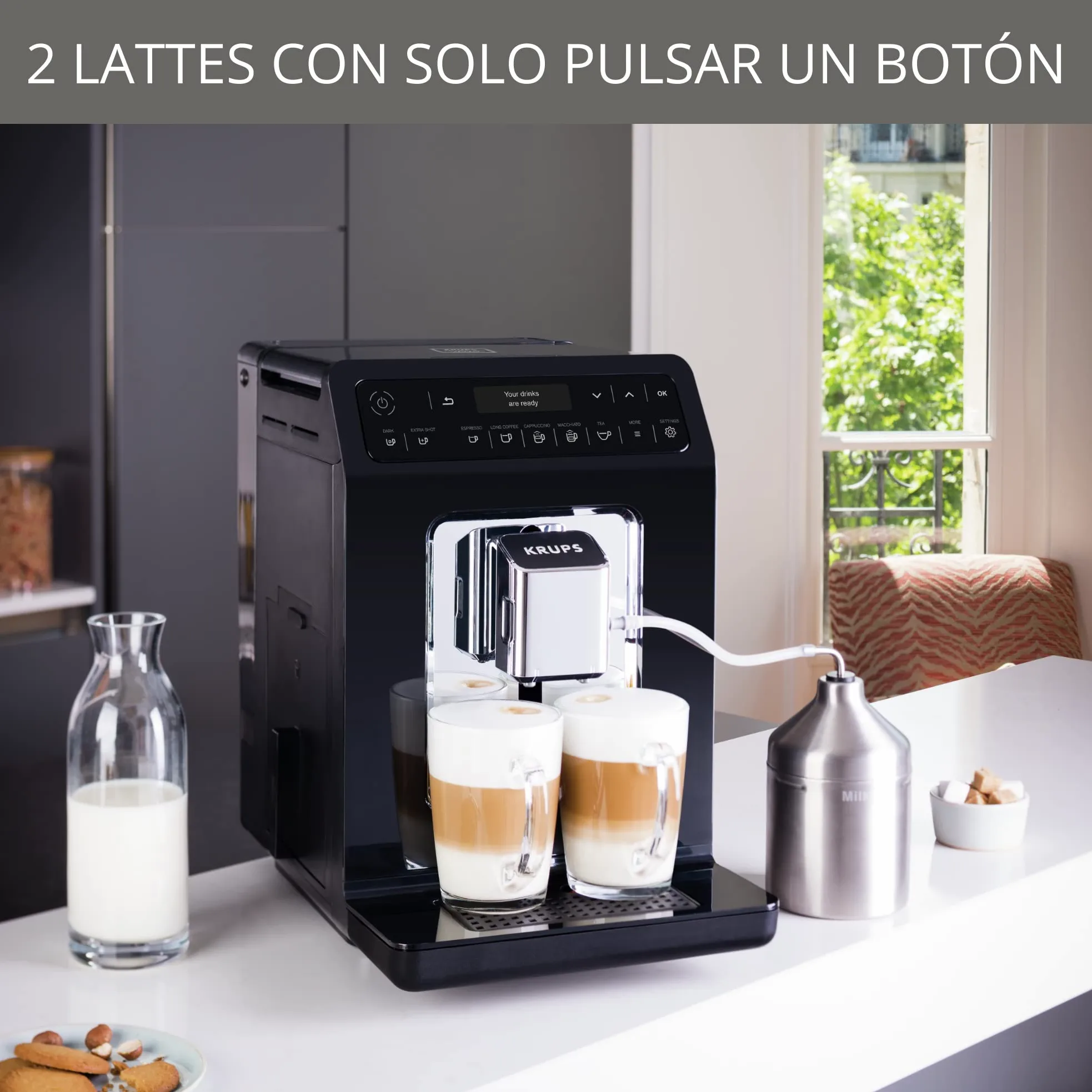 Krups Evidence Espresso EA8908 - Cafetera Superautomática 15 Bares, 15 Preajustes, Niveles de Intensidad, Molido Grano, Autolimpieza e Indicador cal, 2 tazas a la vez, pantalla táctil, recetario