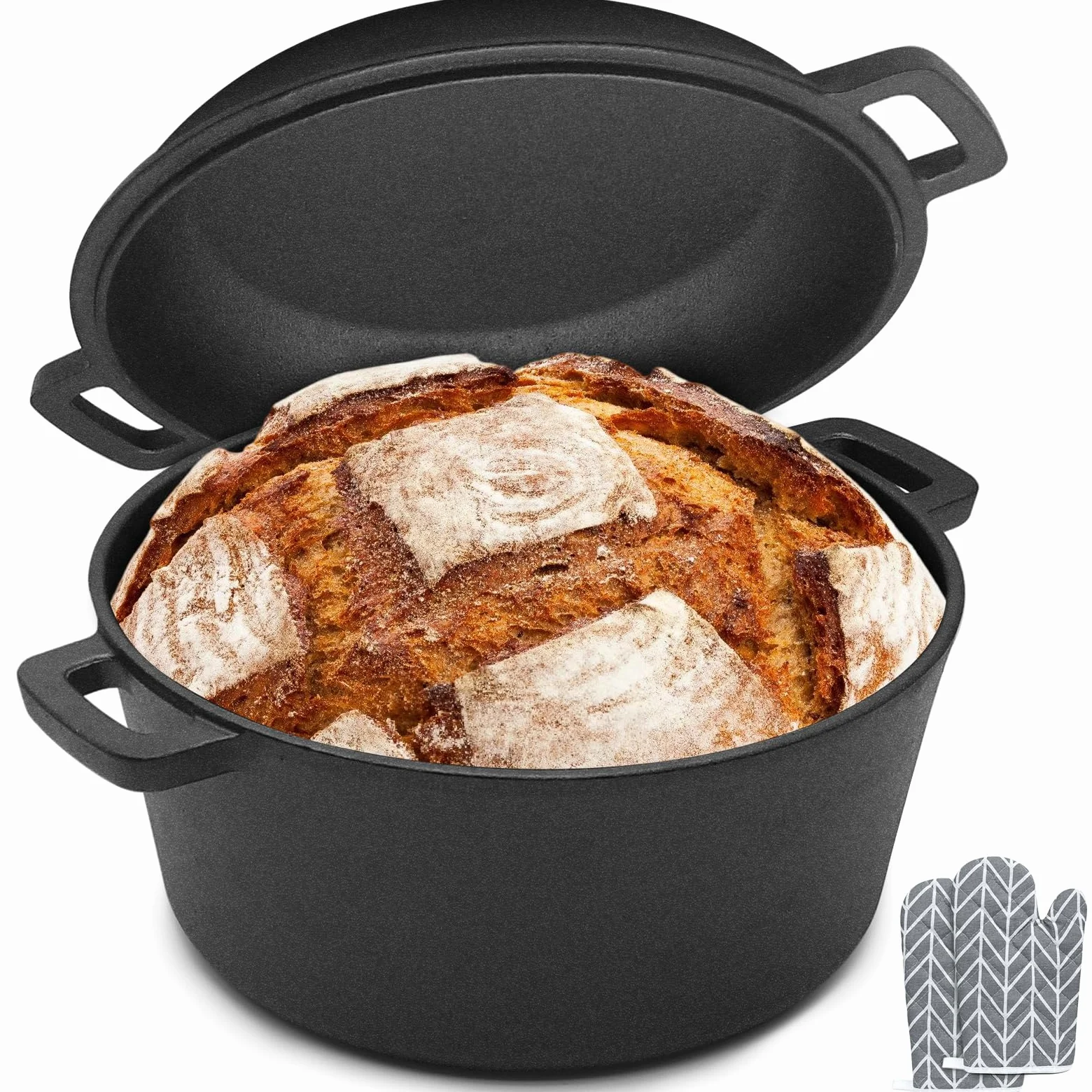 Cocotte de hierro fundido 2 en 1 con tapa, bandeja para pan – Olla de horno Ø26 cm, 4,7 L – Compatible con inducción y horno, cocción uniforme y duradera, sin revestimiento químico