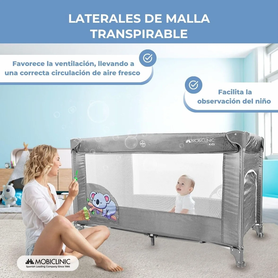 Mobiclinic Cuna de Viaje Bolsa Transporte 2 en 1 Plegado ultracompacto Colchón extraíble hasta 15kg Tela Transpirable Entrada Lateral con Cremallera Parque bebé Ruedas Gris