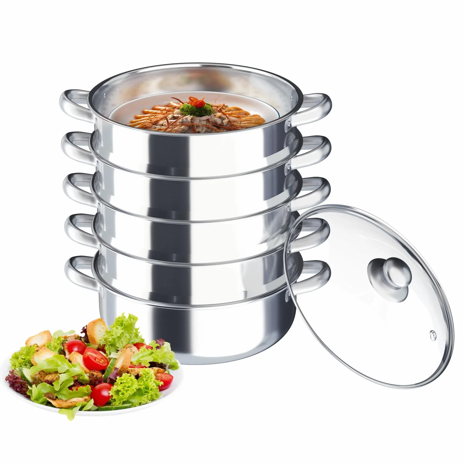 Olla de vapor con 5 niveles de acero inoxidable, 26/28/30 cm de acero inoxidable con tapa de cristal y dos compartimentos de vapor, mango engrosado, compatible con mayoría placas de cocción (30cm)