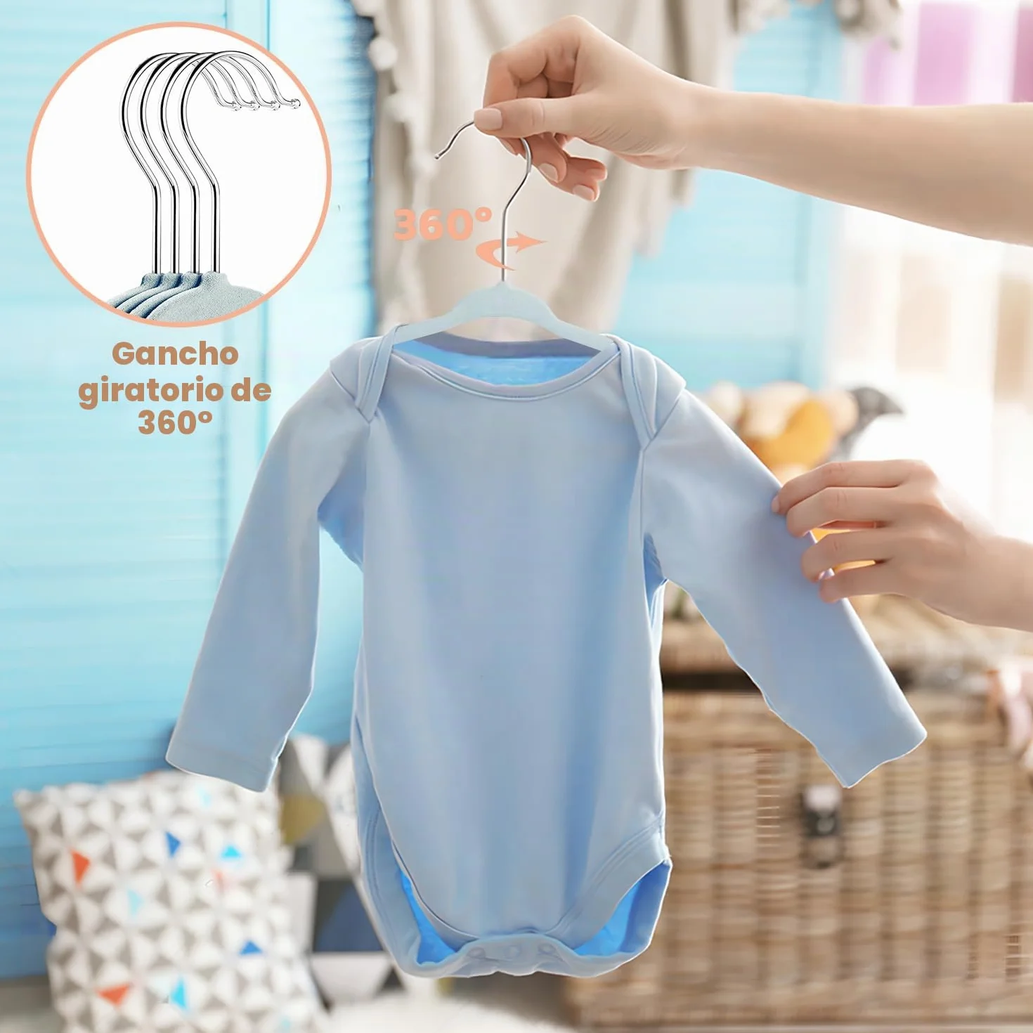 Perchas de Terciopelo Antideslizantes para Bebés y Niños, Ultrafinas, Ahorran Espacio, Gancho Giratorio 360°, Robusta, Paquete de 15 (28 cm, Azul)