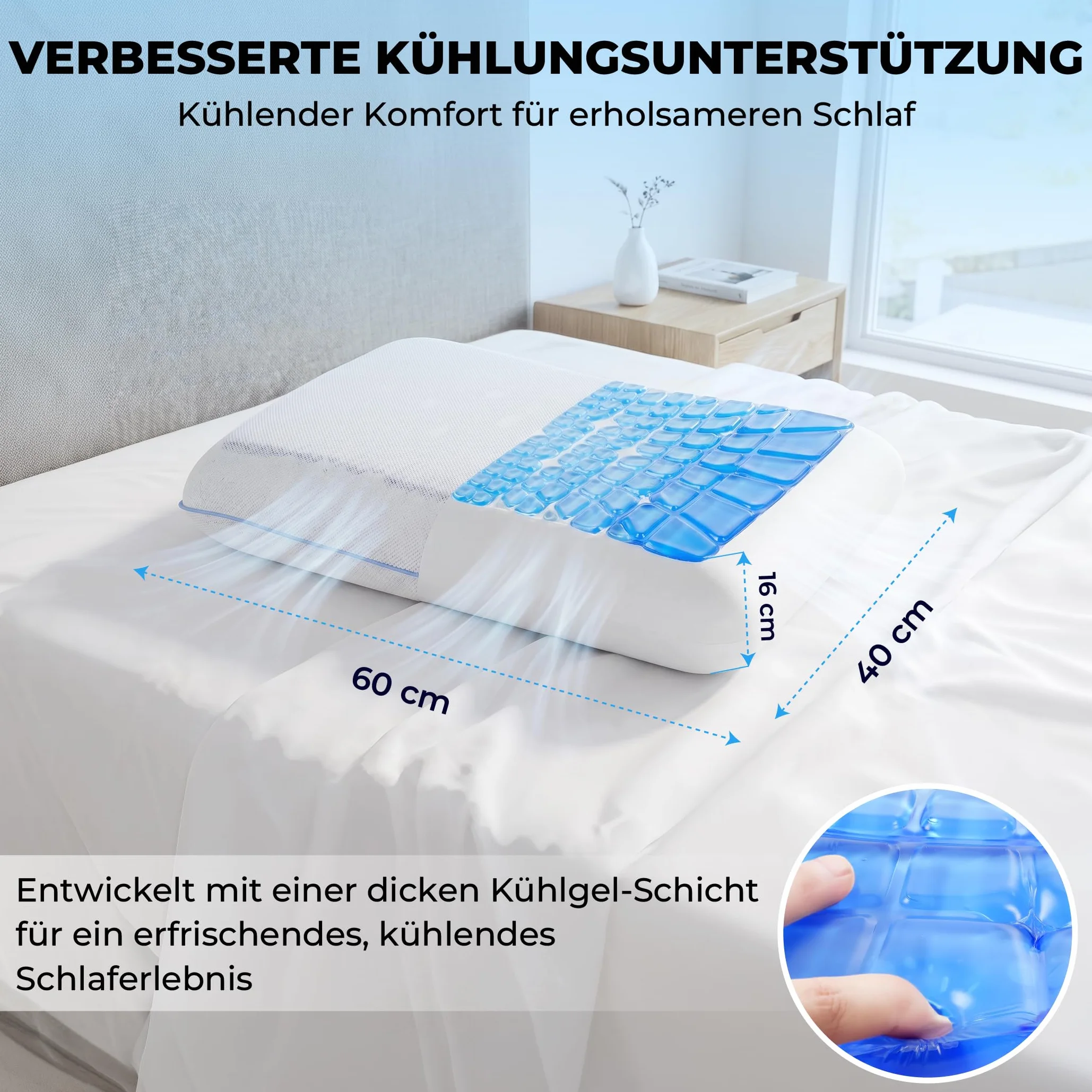 Sleep Comfy Gel-X Almohada 60 x 40 x 16 cm, almohada de espuma viscoelástica con gel refrescante, almohada ergonómica para el cuello, almohada transpirable con funda de jersey lavable, para dormir de