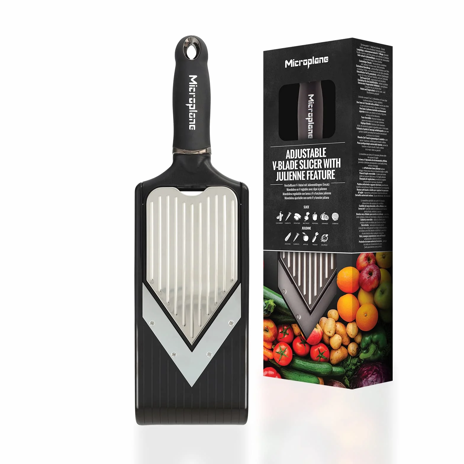Microplane Rebanadora de hoja en V ajustable con función Julienne de acero inoxidable/negro