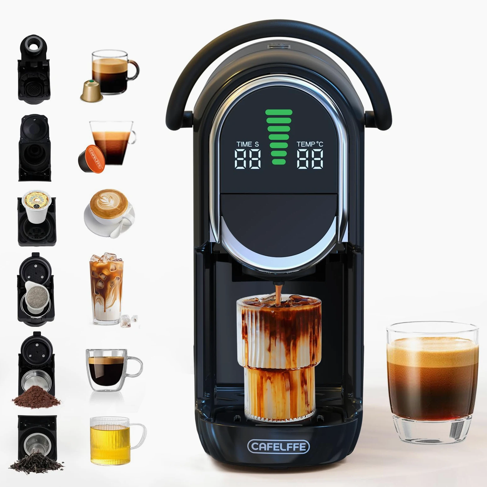 CAFELFFE MK-609S 6 en 1, 20 bares con alivio automático de la presión, control de temperatura y cantidad de café, 6 opciones de adaptador para cápsulas, hojas de té y café molido, 1450 W, color negro
