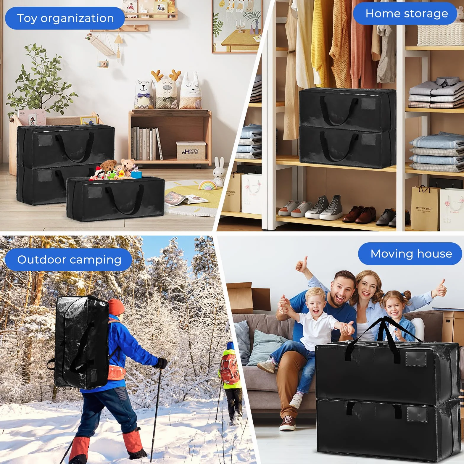 Bolsa Mudanza Grande 90L, Impermeable Bolsas de Mudanza con Correas de Mochila, Cremallera y Asas Resistentes, Bolsas de Almacenamiento Ahorrar Espacio para Guardar Ropa y Embala (Negro, 4pcs)