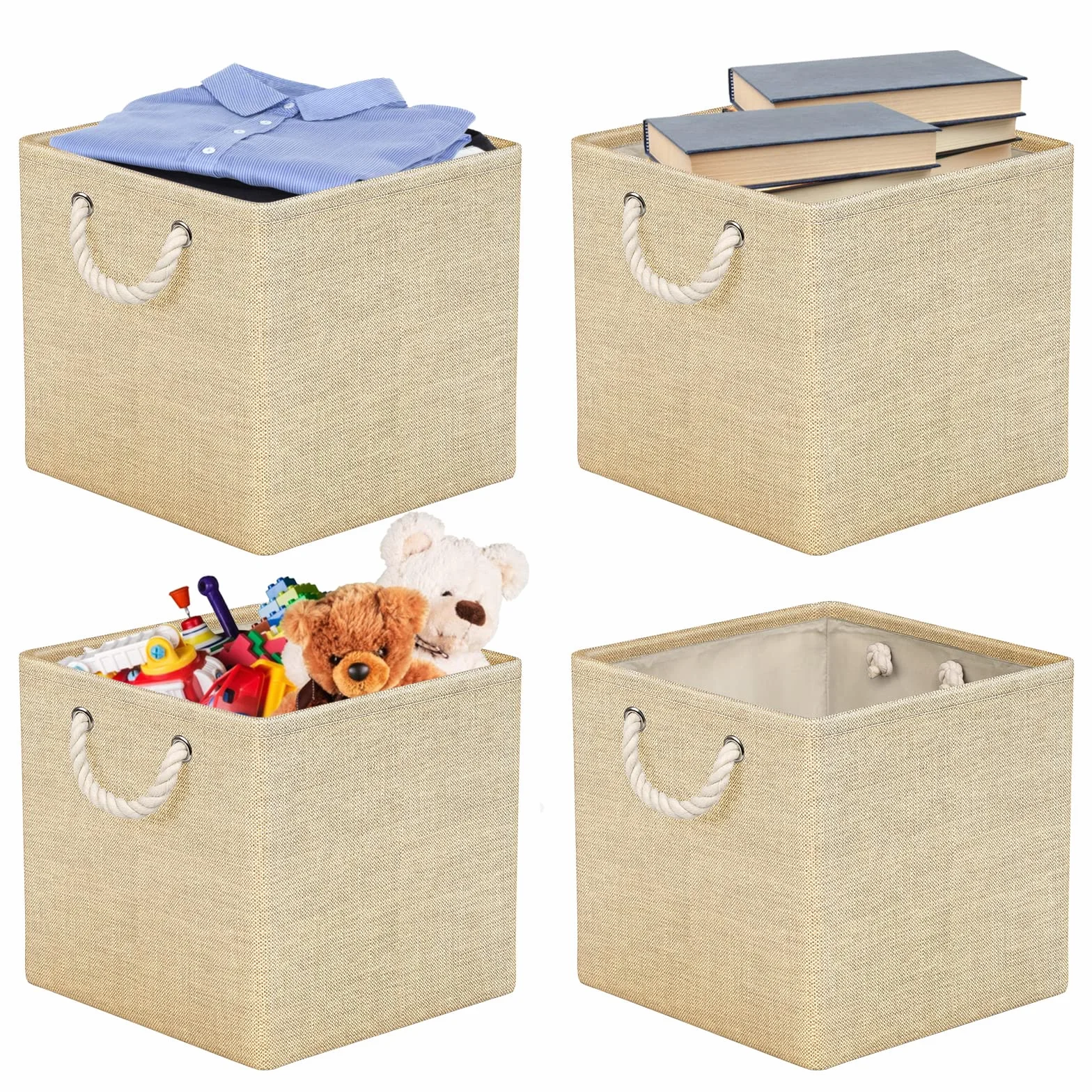 Juego de 4 Cajas Almacenaje, 30 x 30 x 30 cm, Cestas Organizadoras de Tela con Asas, Cubos de Almacenamiento Plegable para Ropa, Juguetes, Libros, Armario y Estanterías (Beige)