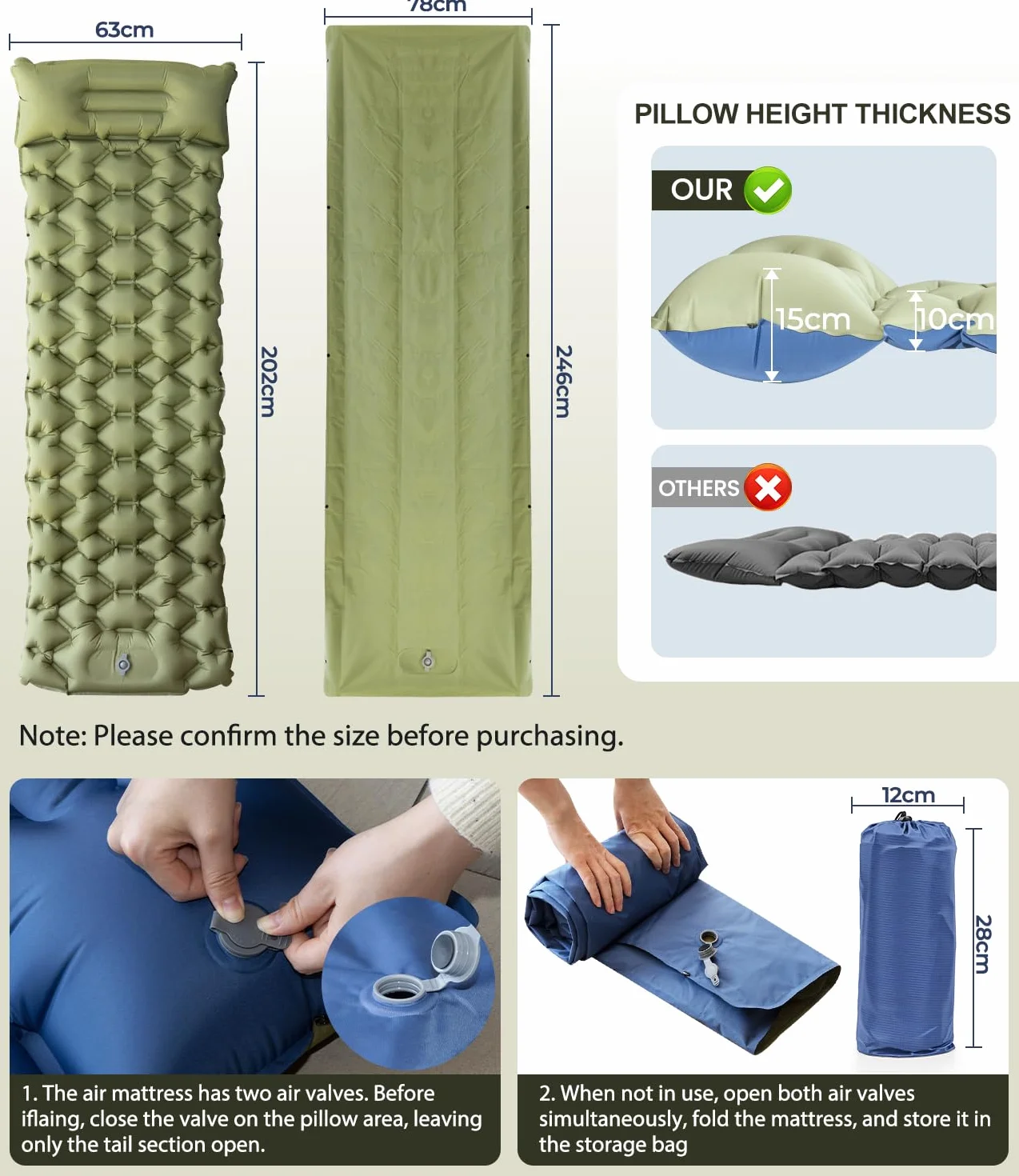 Colchon Hinchable Camping Ultraligera Resistente con Almohada Individual para Playa Viajes