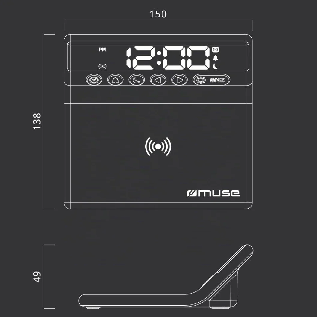 Muse M-168WI / Reloj + Cargador DE INDUCCIÓN. Reloj Digital con Display Grande. Alarma, Carga por inducción, Funcion Siesta, dimer y Snooze. Color Negro