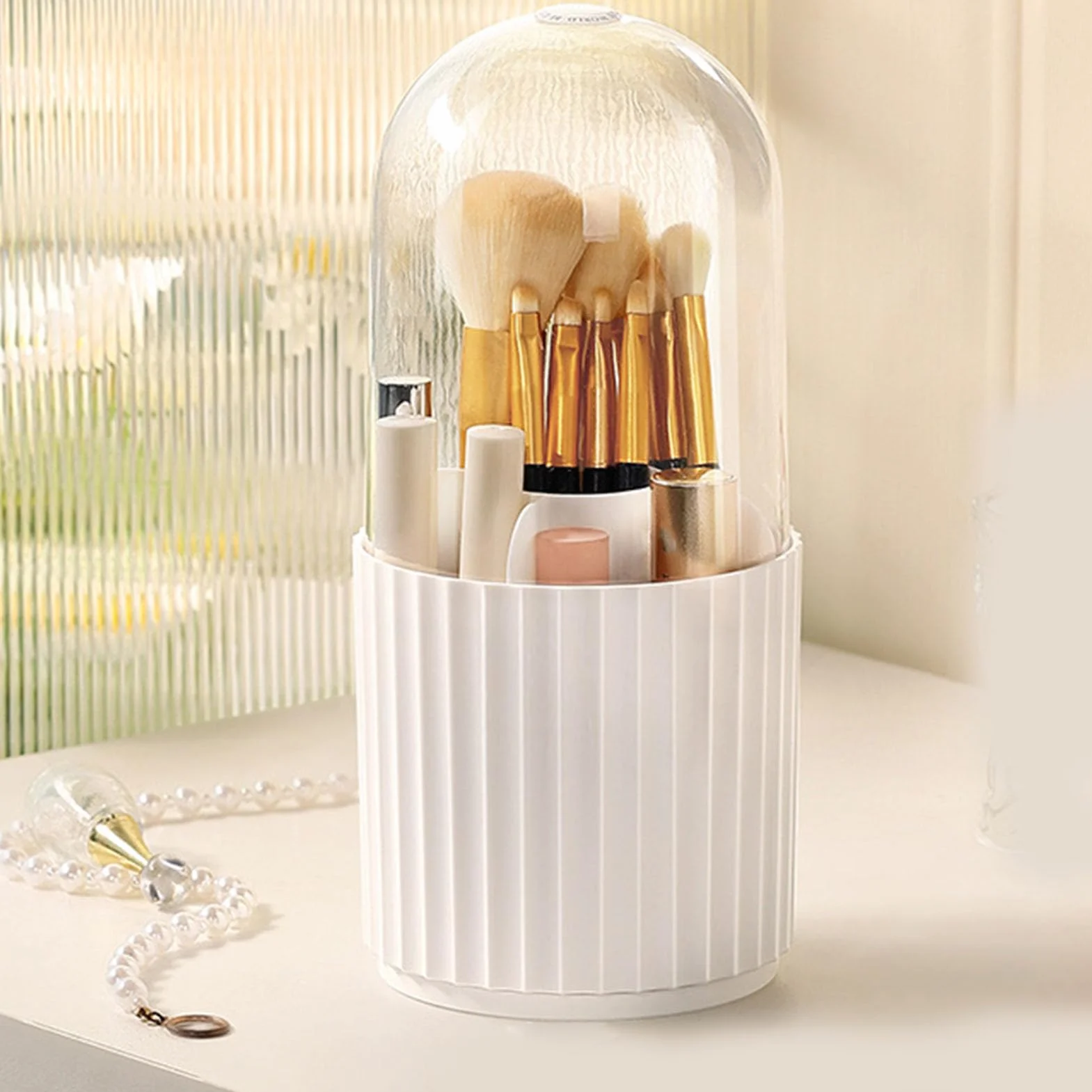 Organizador de brochas de maquillaje con tapa, giratorio de 360 ​​grados, gran capacidad, 5 compartimentos, soporte giratorio para cosméticos (Vertical pattern)