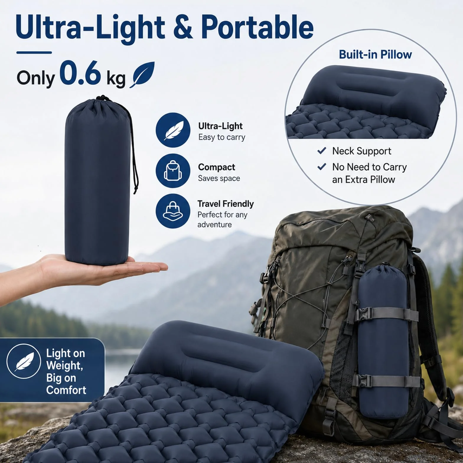 Esterilla Camping Autohinchable Individual con Almohada y Bomba de Pie Ultraligero Plegable Azul Marino