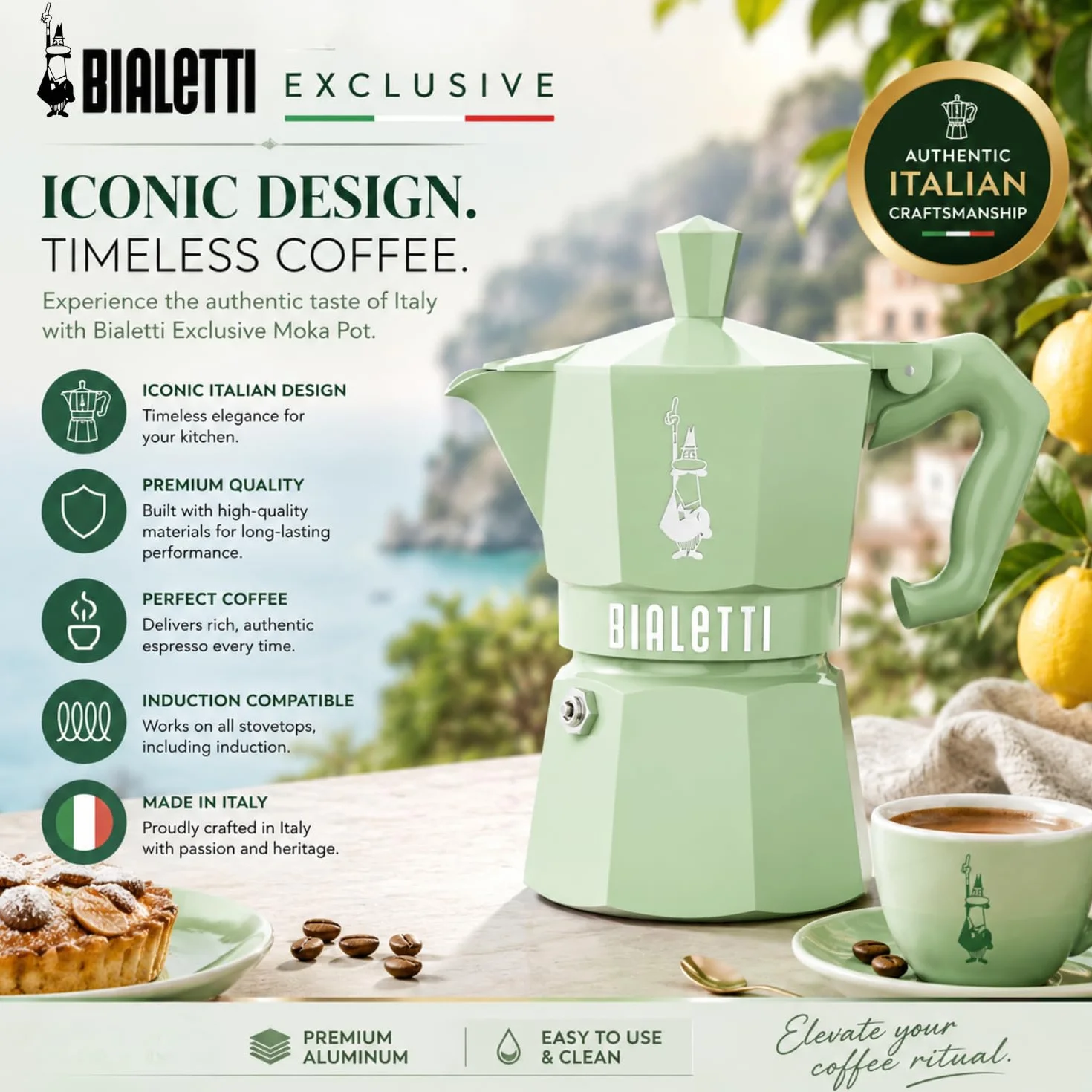 Bialetti CAFETERA Italiana 0009058 Moka Exclusive Verde 6T VITRO