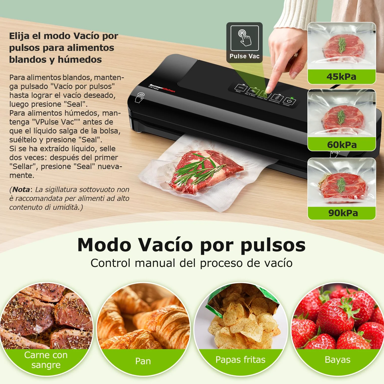 Bonsenkitchen Envasadora al Vacío, Máquina Envasadora al Vacio Domestica Rápida y Compacta, Alta Velocidad de Trabajo Continuo, incluye Bolsas de Vacío y Mangueras Accesorias