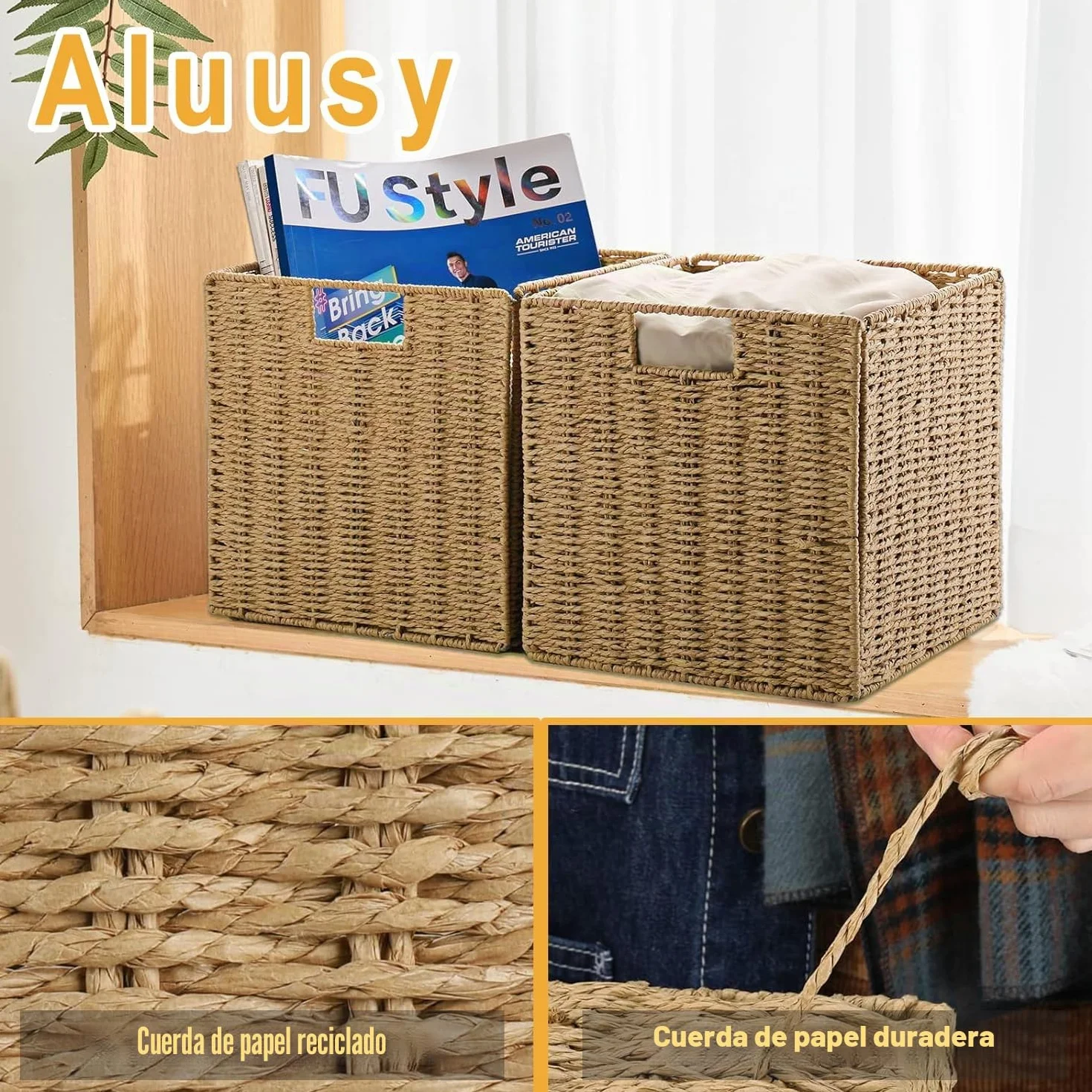 2 Cestas de Almacenaje, Cesta Mimbre Tejidas a Mano Cubo 28CM, Cesta Grande Plegable de Papel de Jacinto de Agua con Asas, Cesto Decorativo para Baño Estanterías Kallax Cocina
