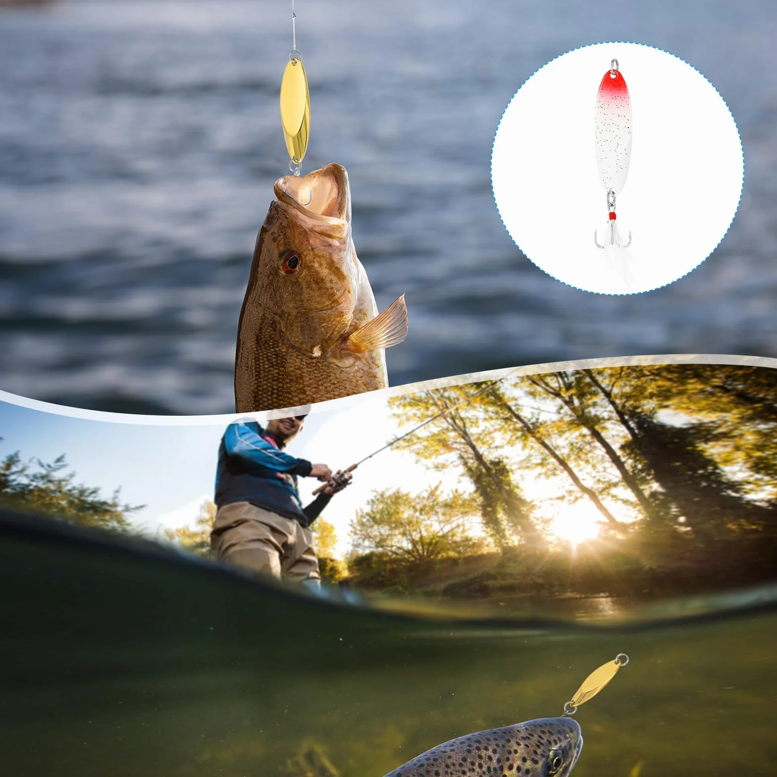 PATIKIL Cucharillas De Pesca 1/2 Oz 14g 5Pcs Señuelos Giratorios con Anzuelos Triple Rojo Blanco