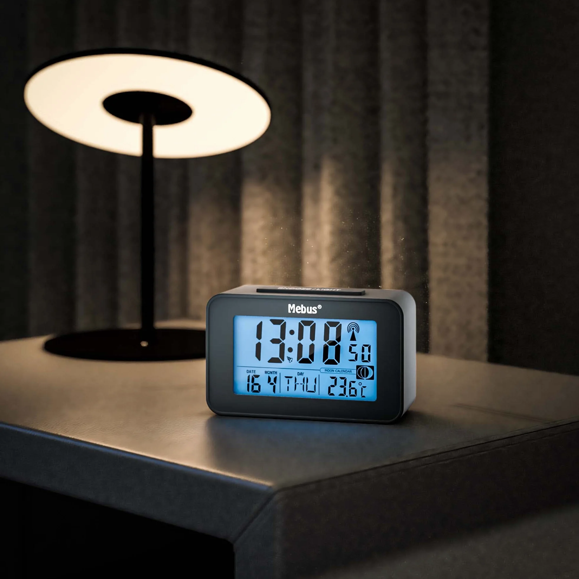 MEBUS digitaler Funk-Wecker mit Mondkalender, Beleuchtung, Innenthermometer, Schlummer-Funktion/Material: Kunststoff/Farbe: Grau/Modell: 51460
