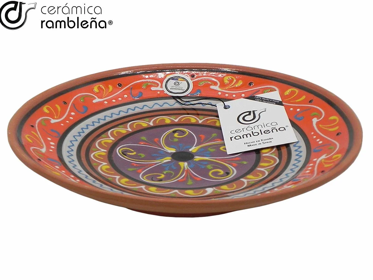 Plato Decorativo Cerámica Rambleña Hecho a Mano 28x28x4.5 cm Naranja-Blanco-Violeta