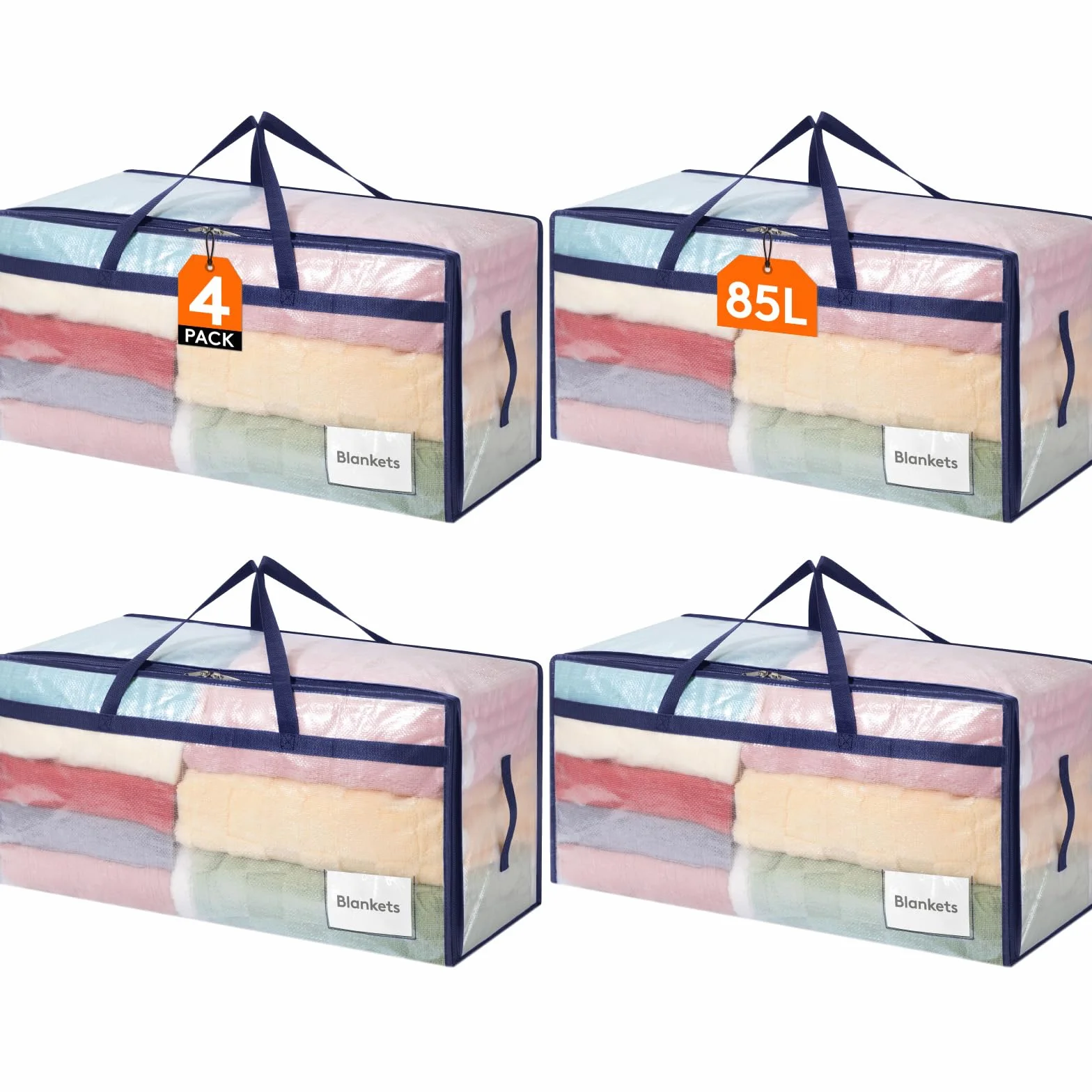 Lifewit Juego de 4 Bolsas Almacenaje Ropa 90 L, Bolsas Mudanza Grandes con Asas, Cajas Mudanza Plegables para Edredones, Mantas, Ropa, Transparente