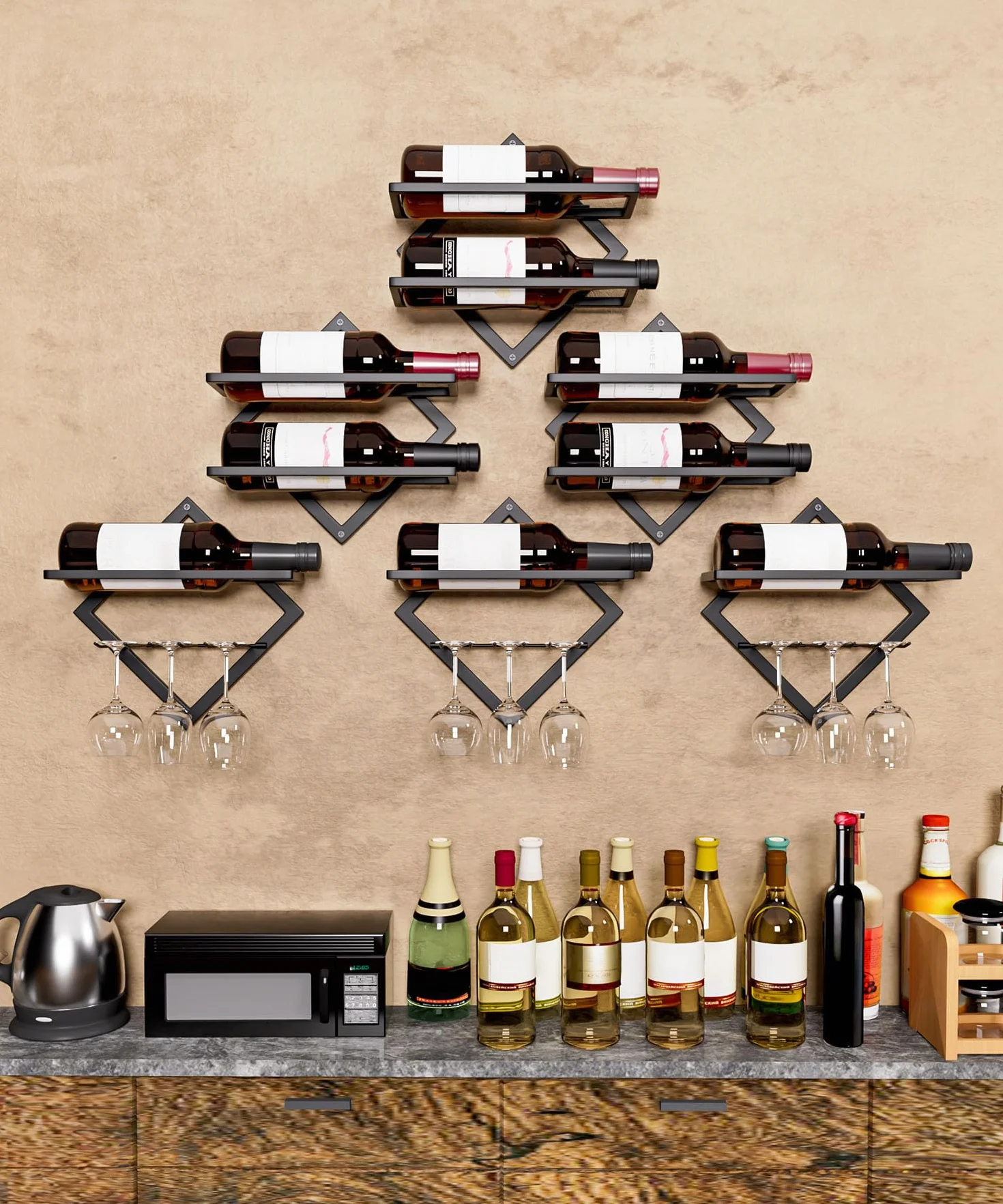 YORBAY Botellero de Pared Metálico con Portavasos: Botellero Vino Decorativo Moderno para 3 Botellas y hasta 6 Copas - Mueble Bar Ahorra Espacio para Salón Bar Cocina