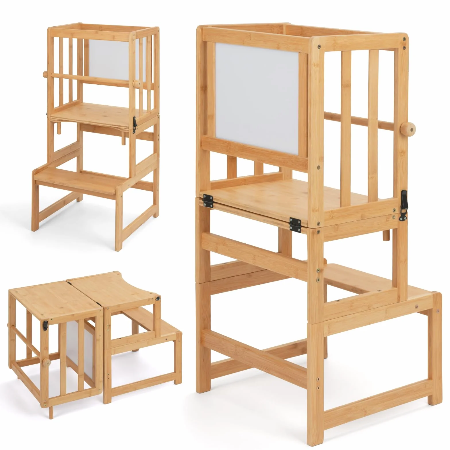 COSYLAND Torre de Aprendizaje 3 en 1 Bambú Convertible Escritorio Infantil Pizarra Dibujar Niños 18 Meses 6 Años Cocina Natural