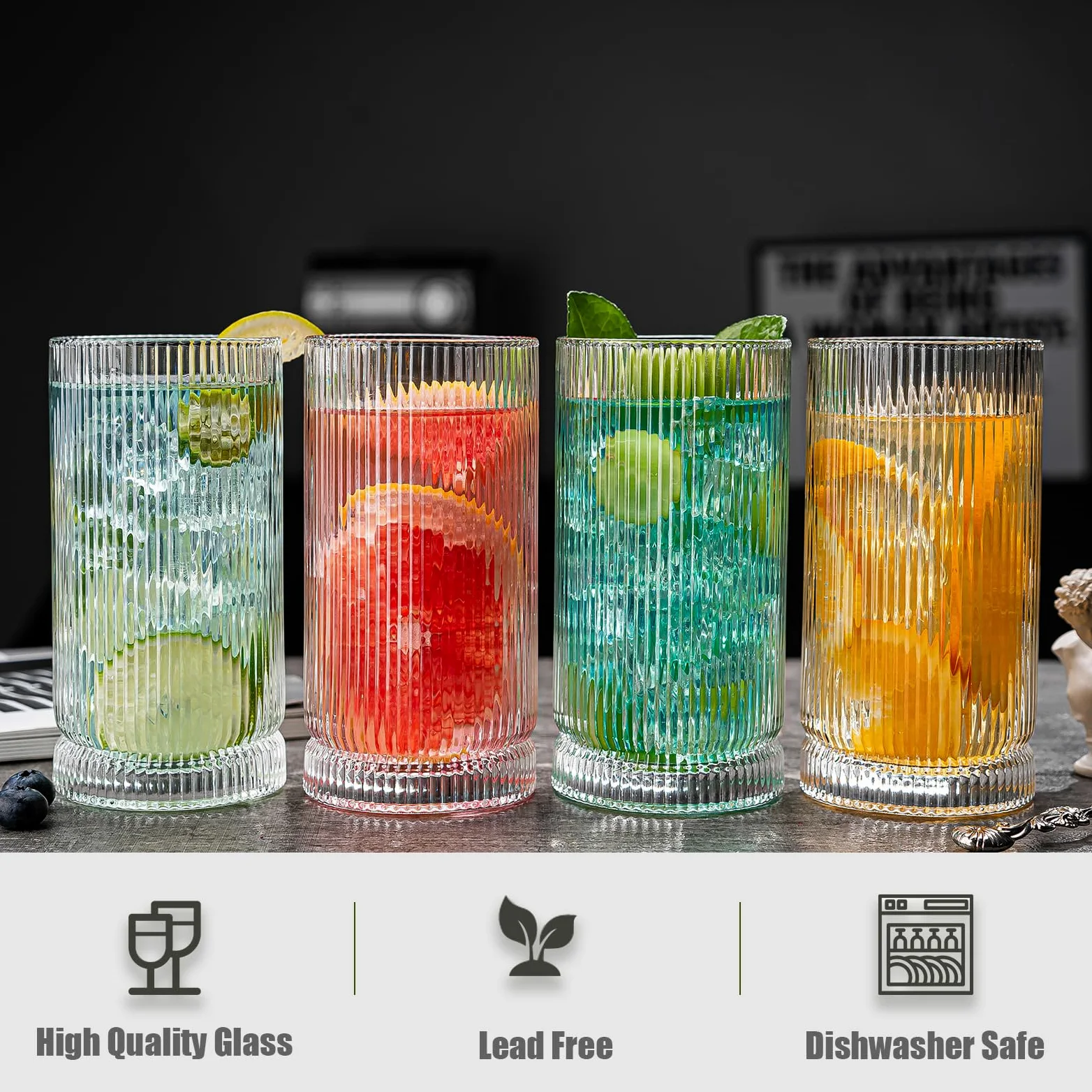 Vasos para beber, 8 vasos de vidrio estilo origami, vasos altos de 15 onzas, elegante cristalería vintage ondulada, vasos acanalados, vasos a rayas, vasos de café helado para cóctel, whisky,