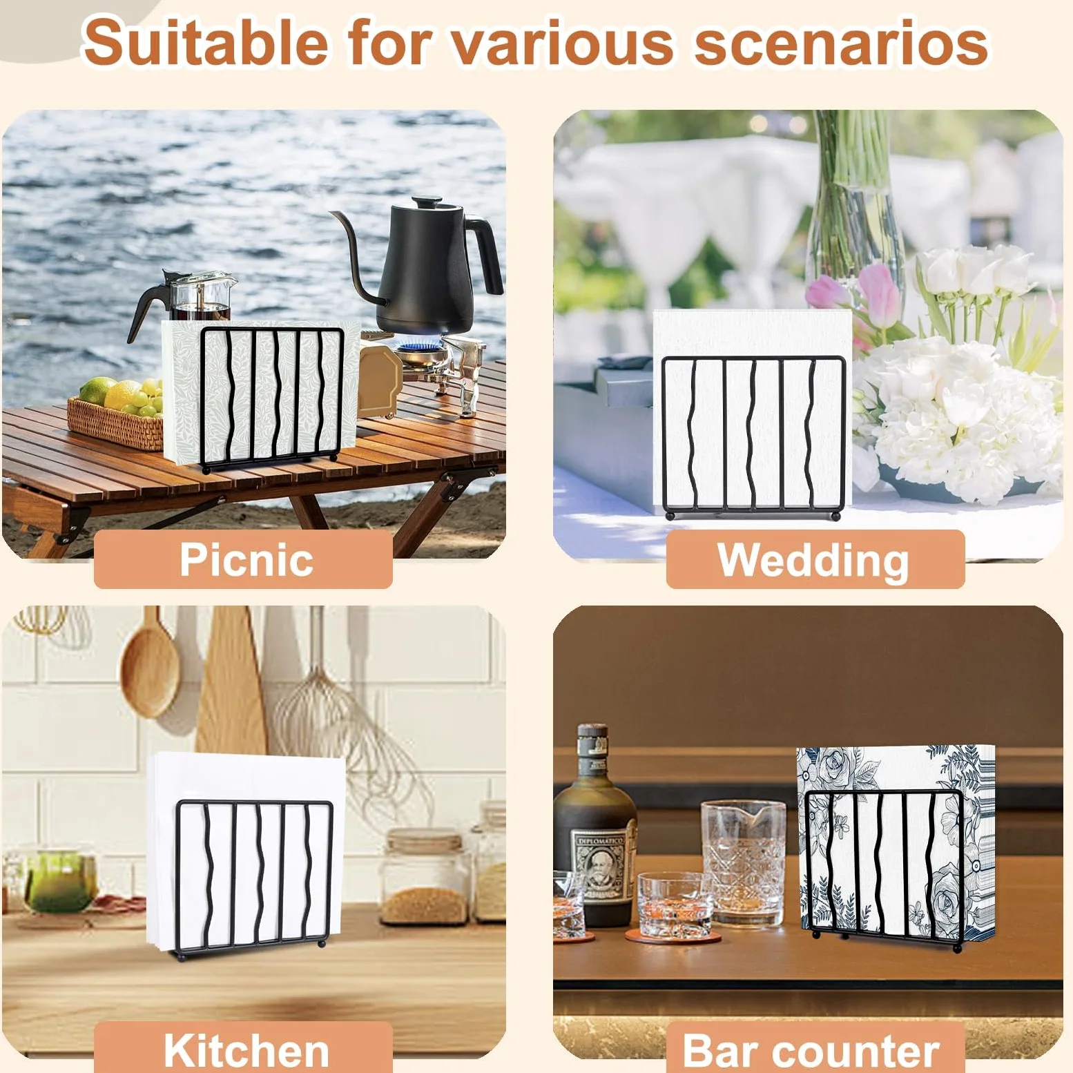 Servilletero de pie de acero inoxidable negro para mesa, servilleteros de metal de cocina para servilletas de papel, duradero y elegante