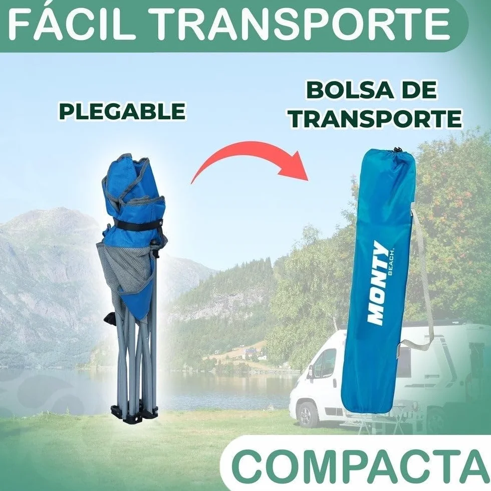 Silla playa y camping plegable cierre tijera acero pintura Epoxi anticorrosión tejido Oxford 600 D azul respaldo malla transpirable portavasos bolsa transporte reposabrazos