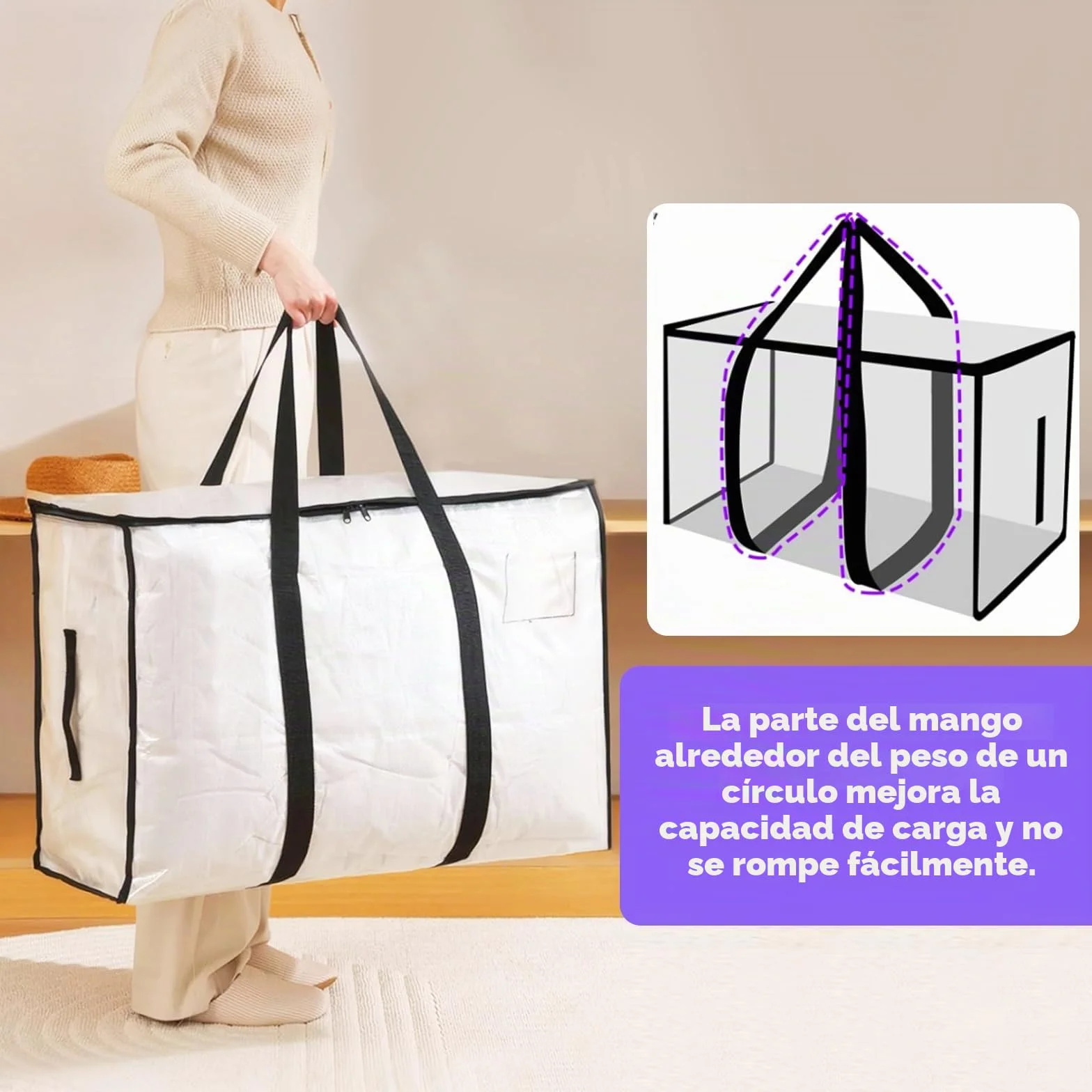4 Piezas 90L Grande Bolsas Mudanza, Resistentes Bolsas Almacenaje Ropa con Correas Cremalleras y Asas, Alternativa a las Cajas de Mudanza, Impermeable Storage Bags para Guardar Ropa y Embalar