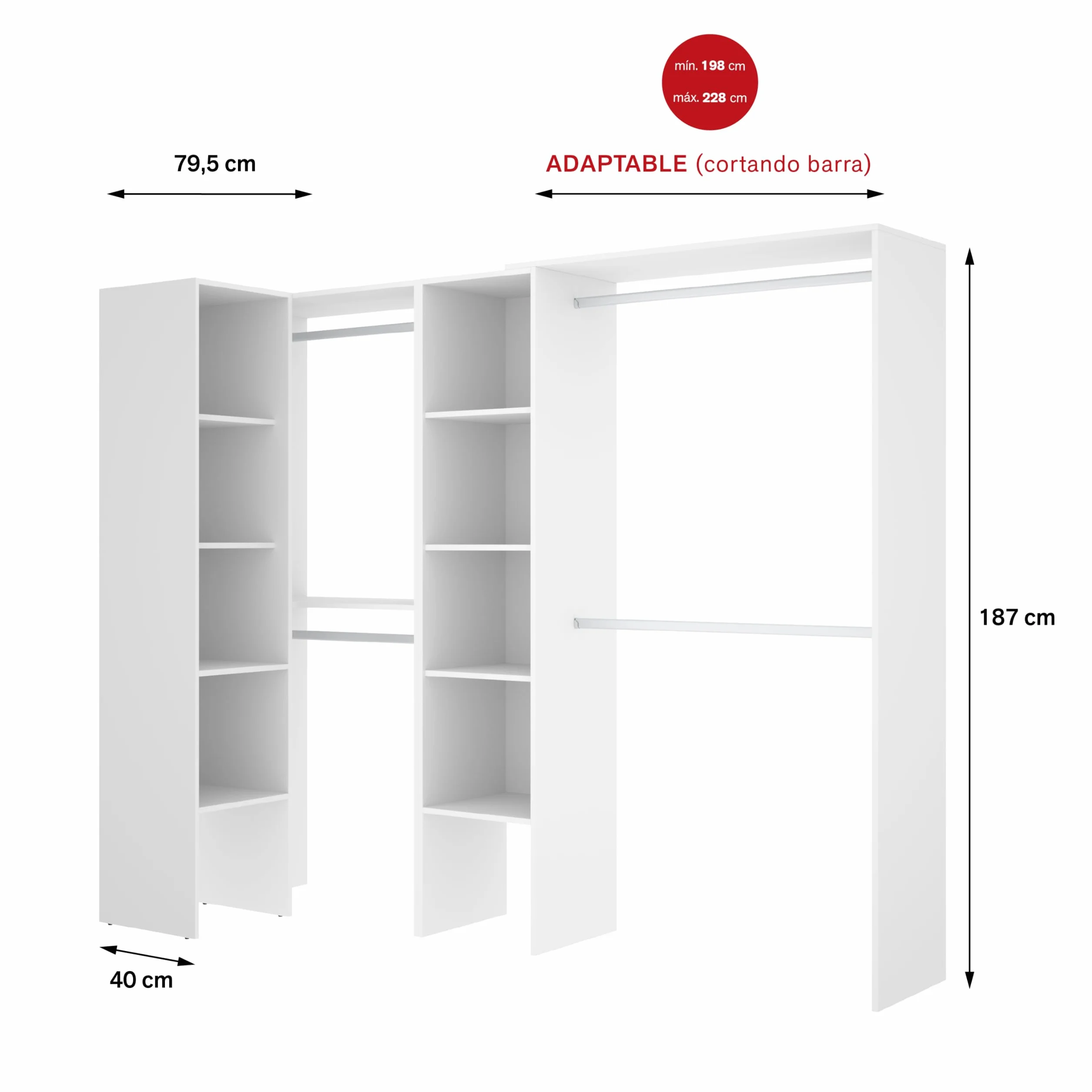 DEKIT GRUPO RIMOBEL SUIT - Conjunto de Vestidor rinconero con dos columnas y zona de barras - Blanco - 187 cm (Alto) x 228 cm (Ancho) x 80 cm (Prof.)