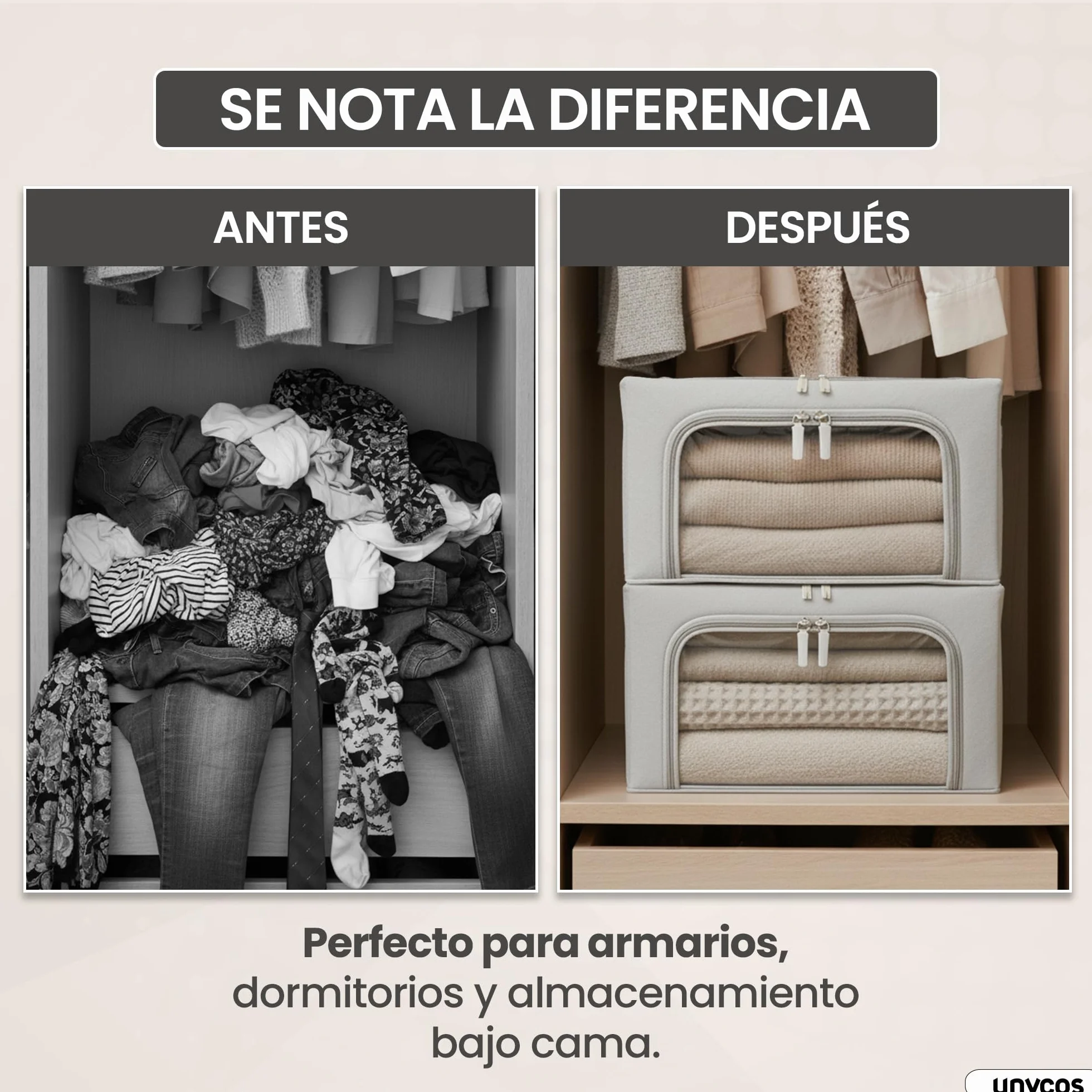 unycos - Cajas de Almacenaje de Ropa【3 Piezas | 24L】 Bolsas con Estructura Resistente de Hierro, Asas Reforzadas y Ventana Transparente, Organizador de Toallas, Edredones | 10 kg (Grey; Iron Rod)