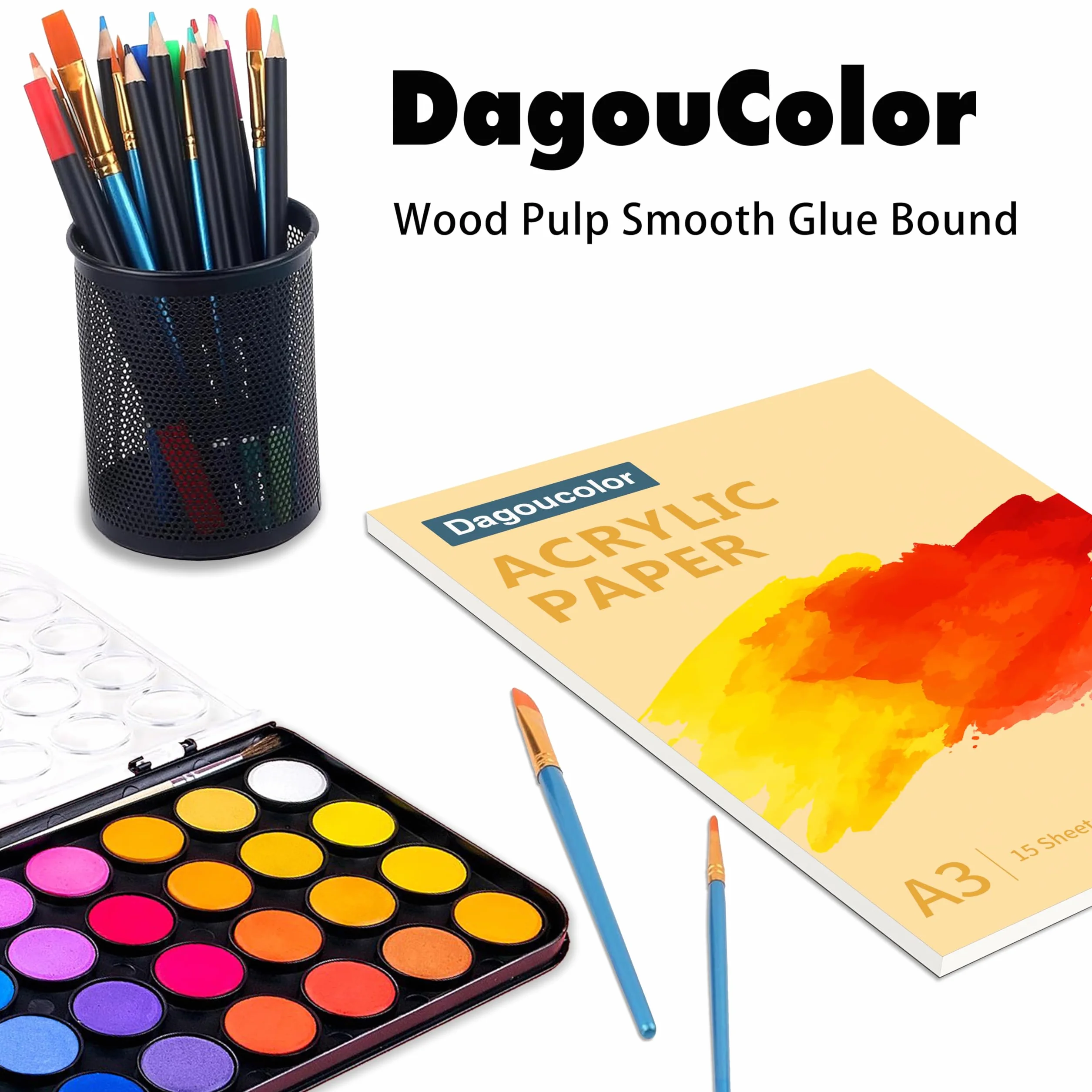 DagouColor Papel Acrílico Para Pintura, 15 Hojas Acrylic Bloc, Bloc 360 g/m² Sin ácido, Ideal para Artistas Principiantes, Adultos, Niños y Niñas - A3, 1 Pack