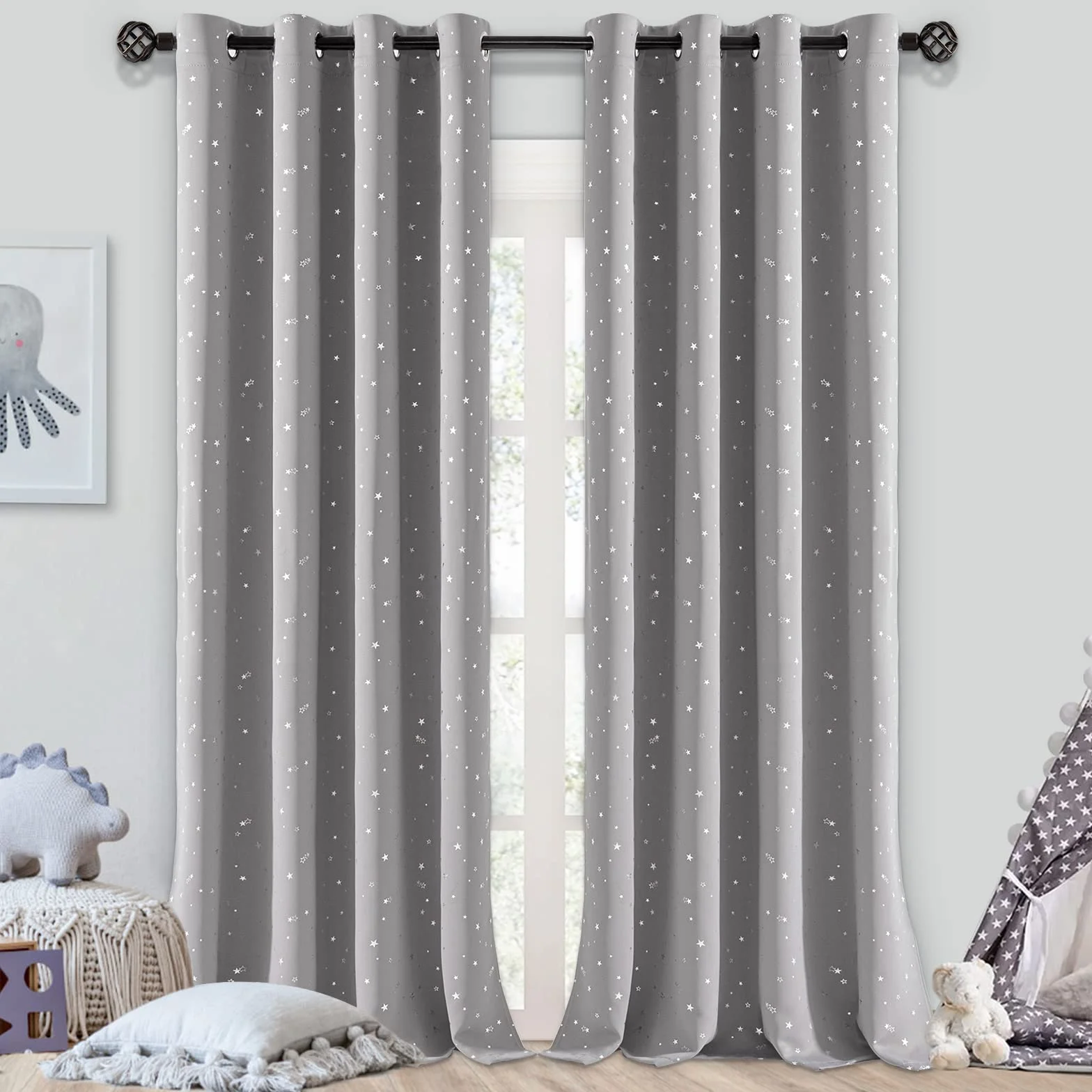 NAPEARL Cortinas Opacas Negras para Dormitorio Infantil con Estrellas Plateadas, Juego de 2