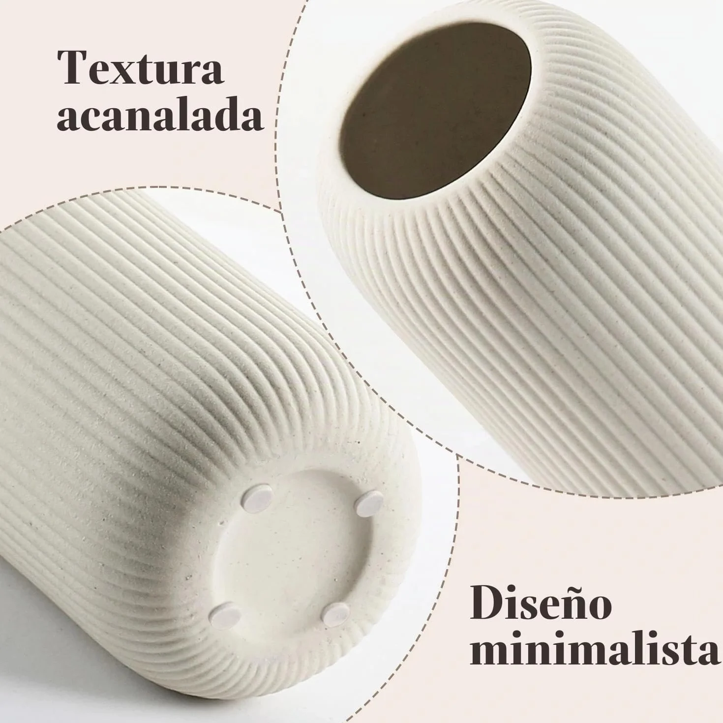 Jarrón moderno de cerámica, color blanco, acanalado, forma cilíndrica (beige)