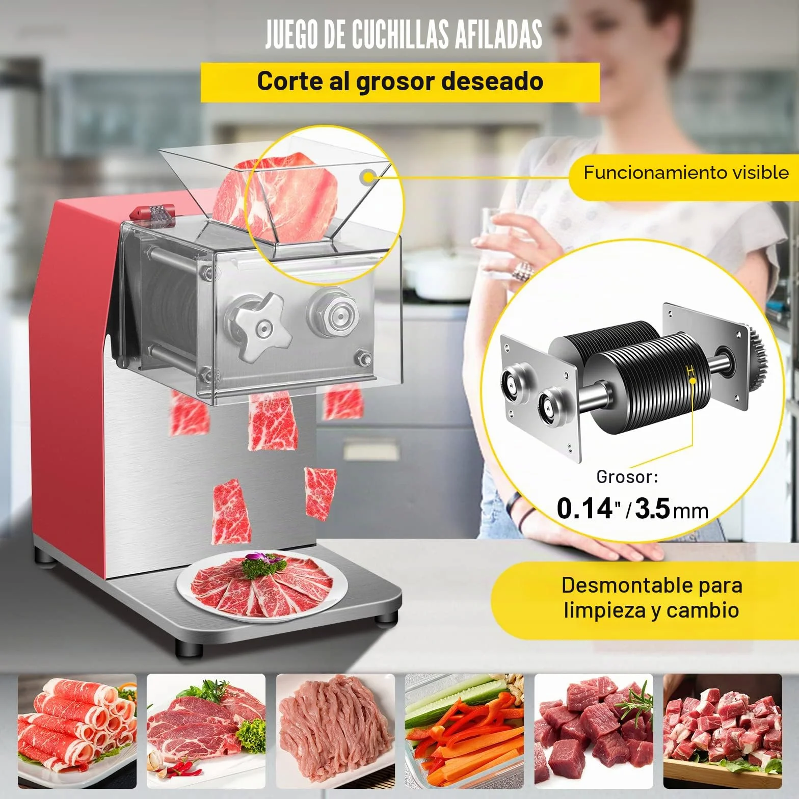 VEVOR - Máquina de corte de carne comercial, 250 kg/h, 850 W, hoja de 3,5 mm, cortador de carne eléctrico de acero inoxidable, para cocina, supermercado, cordero, carne de res, pollo, rojo