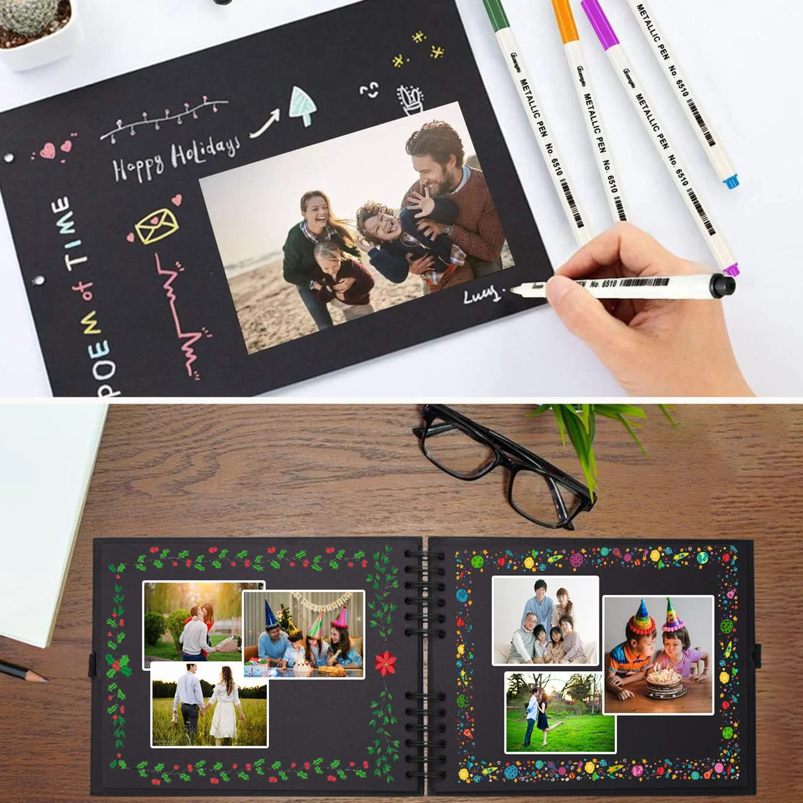 AIOR Album de Fotos para Pegar y Escribir Scrapbook 80 Páginas Negras, DIY Scrapbooking Album Original para Aniversario de Boda de Oro Cumpleaños Navidad para Mujer Niña Novia Regalos (Negro)