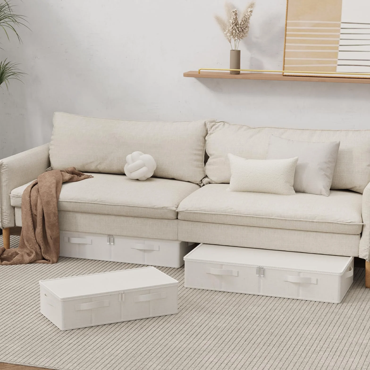 2 Piezas Cajas de Almacenamiento Plegable Bajo la Cama, Organizadora de Almacenamiento de Tejidos con Mango, Para Colchas, Ropa, Mantas y Zapatos, 60×30×15cm, Beige