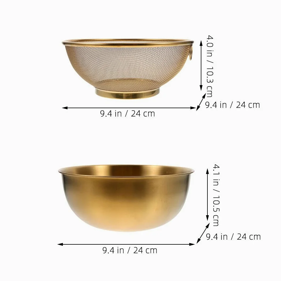 Cabilock Colador de acero inoxidable dorado de 24 cm con malla fina, cesta escurridora redonda para lavar y escurrir arroz, frutas, verduras y pastas, tamiz de cocina para fregadero y preparación